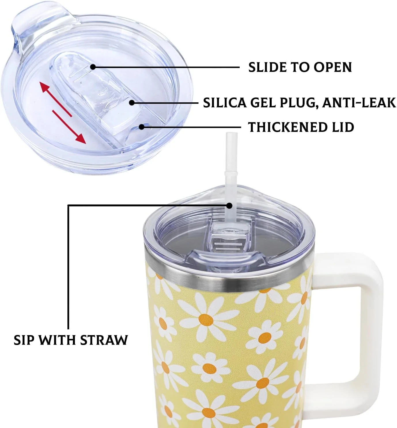 Daisy Cup, Daisy Gifts for Women, Floral Tumbler with Straw, Flower Daisy Water Bottle Tumbler Coffee Mug Drinking Glasses, Daisy Gift Decorations, Stainless Steel 40 Oz Tumbler with Handle and Straw