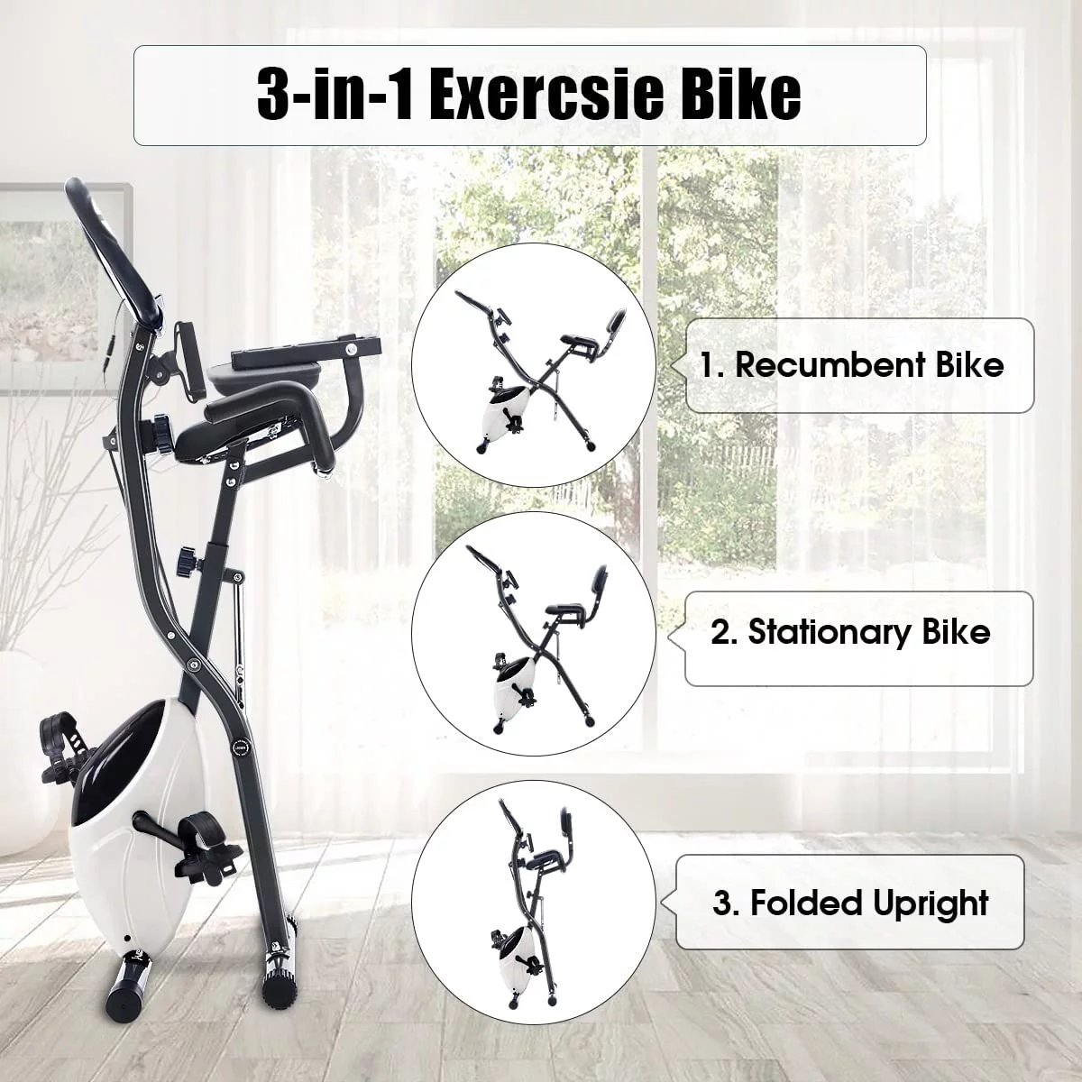 Folding Recumbent Exercise Bike, 3-in-1 Compact Stationary Bicycles Exercise Bike w/ Adjustable Arm Resistance Bands, LCD Monitor, Tablet Holder, High Backrest, Holds 350 lbs,