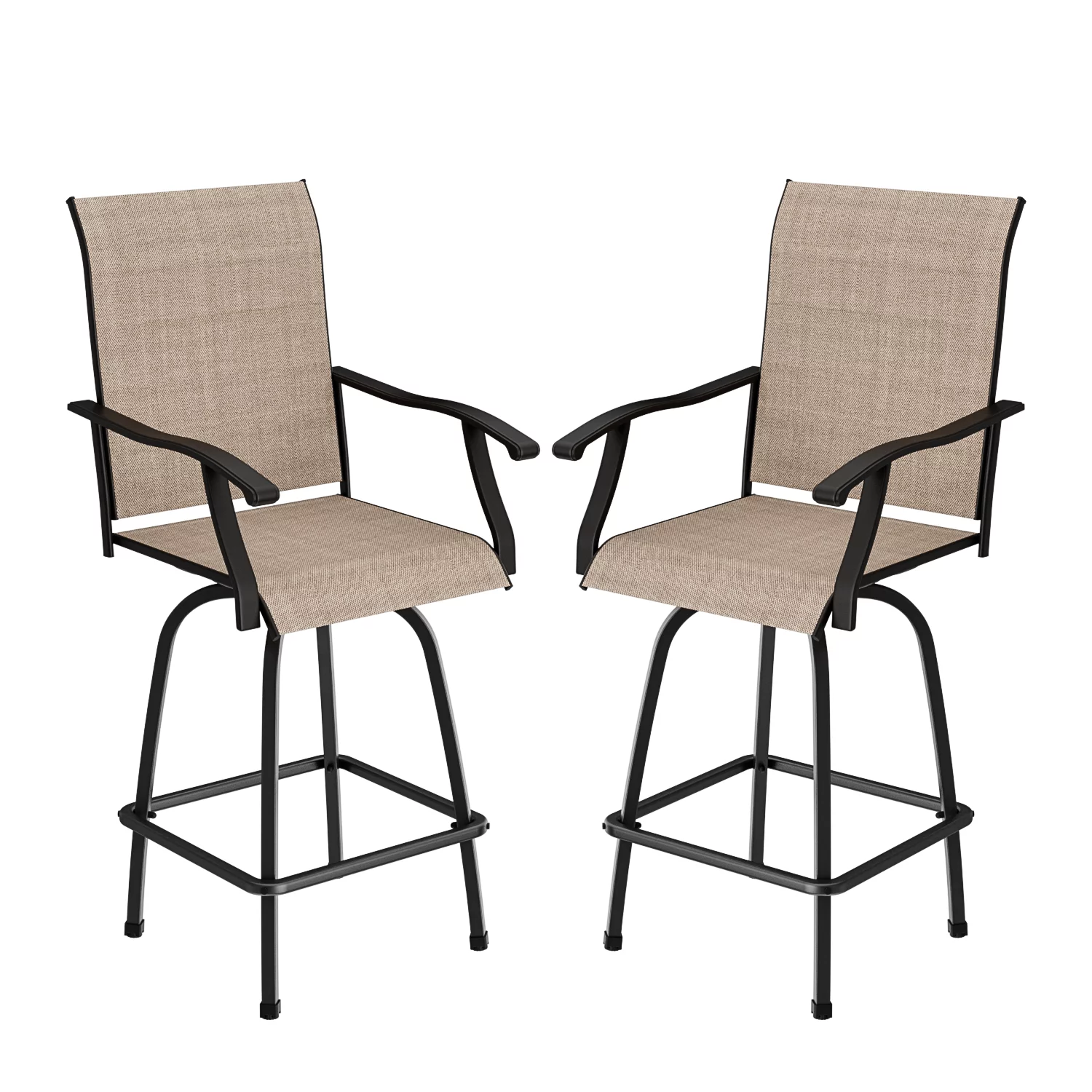 Devoko Outdoor High Bar Bistro Chair Set Patio Outdoor Textilene Swivel Chair and Tempered Glass Table Set of 3, Light Brown, Steel