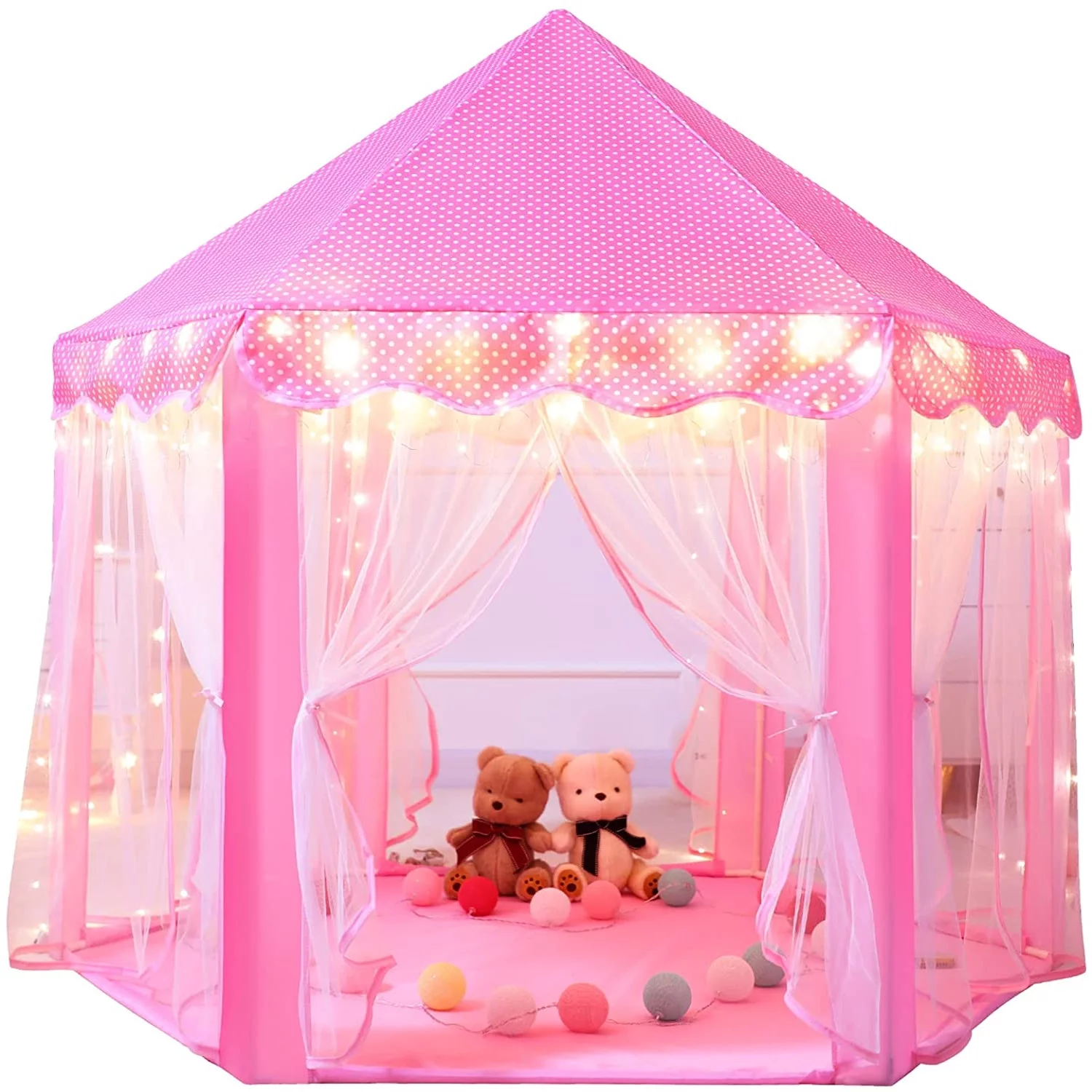 Castle Tent for Girls, Play Tents for Kids Hexagon Playhouse with Fairy Star Lights Toys for Indoor and Outdoor Games