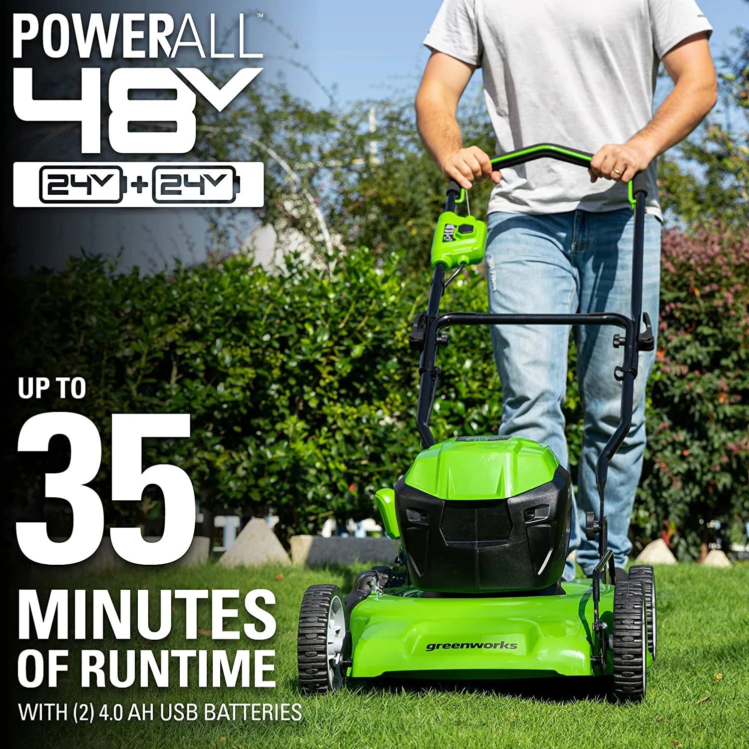 Greenworks 2 x 24V (48V) 19″ Brushless Push Lawn Mower, 2 x 4.0Ah USB Batteries and Dual Port Rapid Charger Included