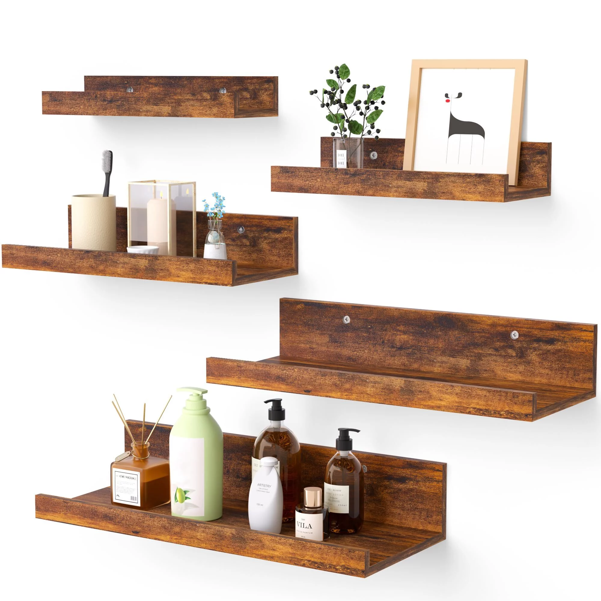 Floating Shelves, Upsimples Home Wood Shelf Wall Mounted, Set of 5, Multiple Sizes, Black