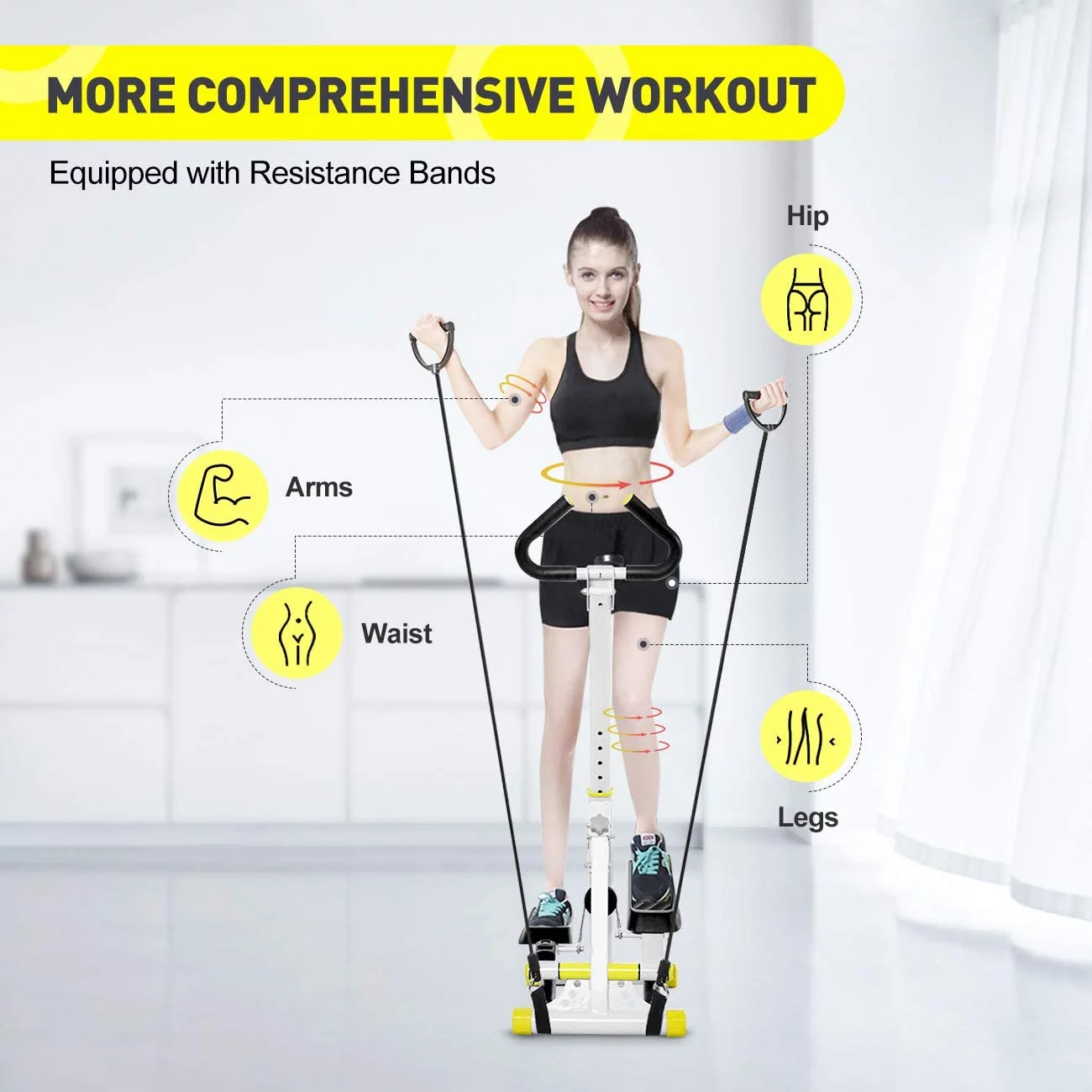 Doufit Stepper for Exercise Machine,  Folding Stair Step Machine Exerciser for Home Use with Resistance Bands and Handle Bar (Unadjustable Resistance)