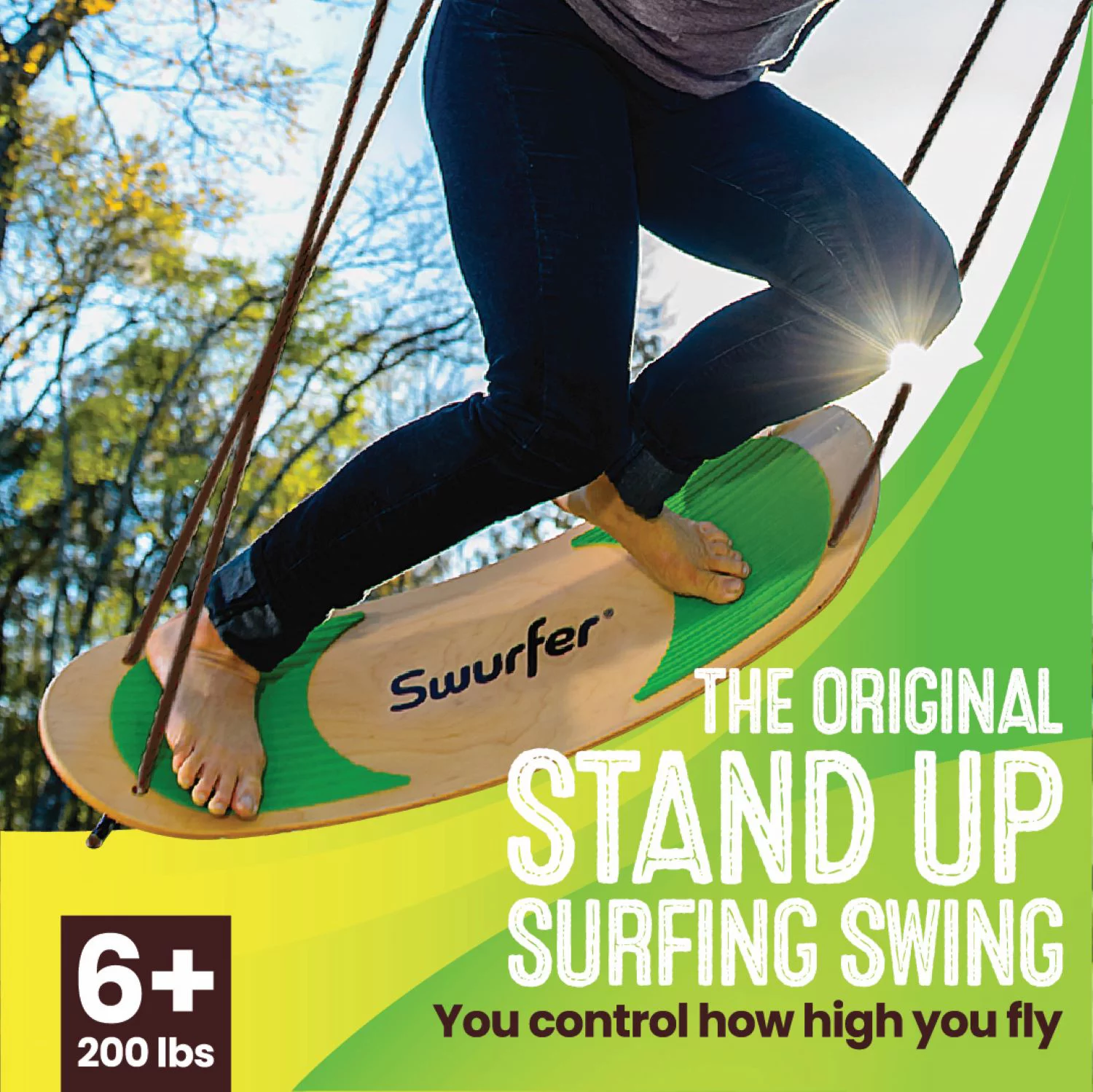 Swurfer The Original Stand up Surfing Swing, Wooden Outdoor Swing for Kids and Adults