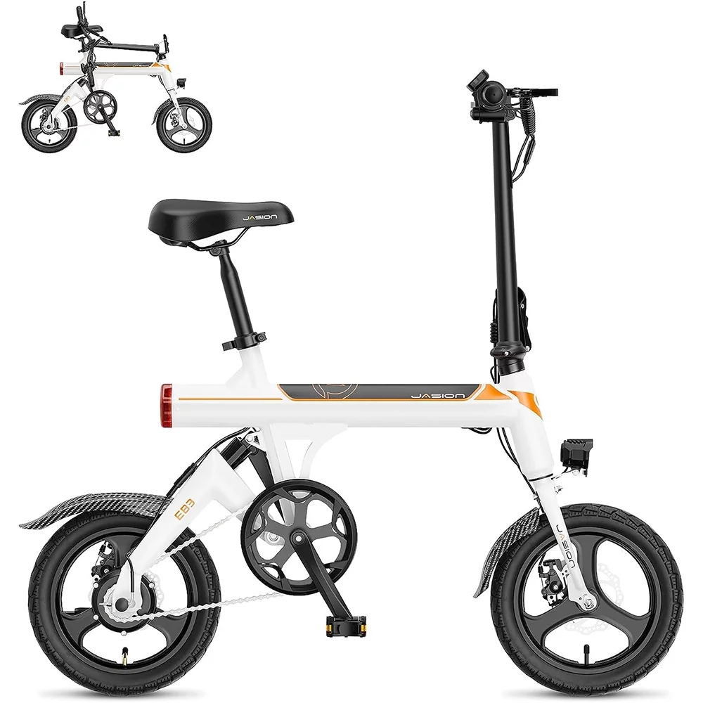 Jasion EB3 Folding Electric Bike for Adults, 350W Brushless Motor Electric Bicycles with 36V 7.5AH Battery, Center Suspension, 3 Levels Assist, 14″ Foldable ebike for Teens