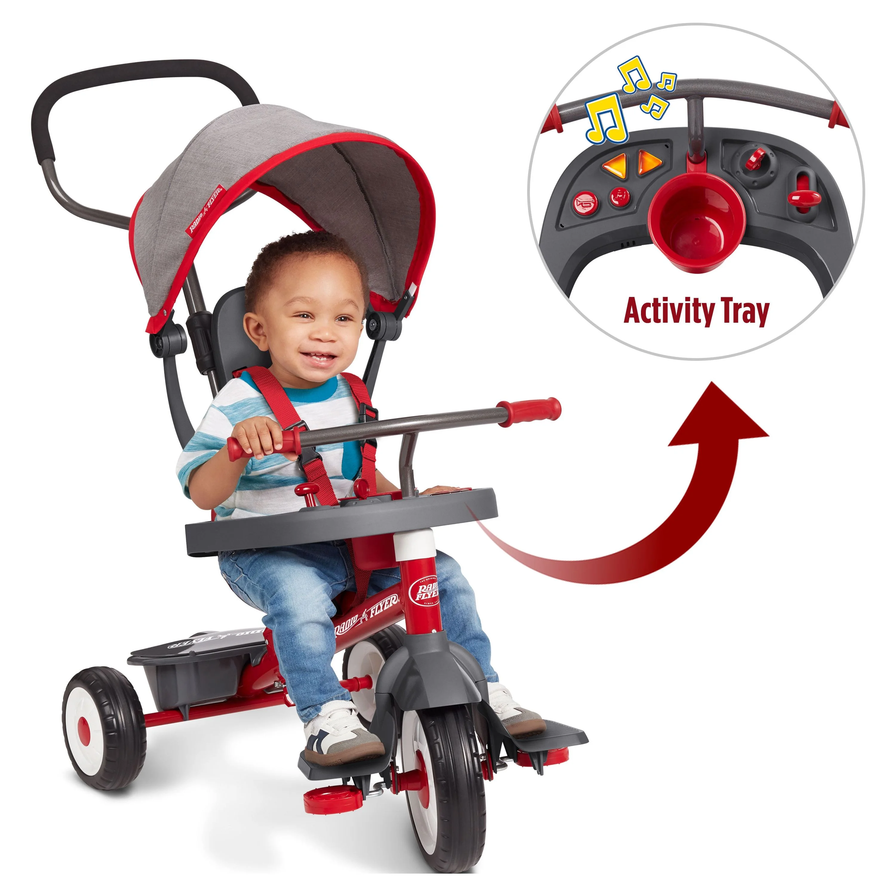 Radio Flyer, 4-in-1 Stroll ‘N Trike with Activity Tray, Red & Gray, Convertible Tricycle