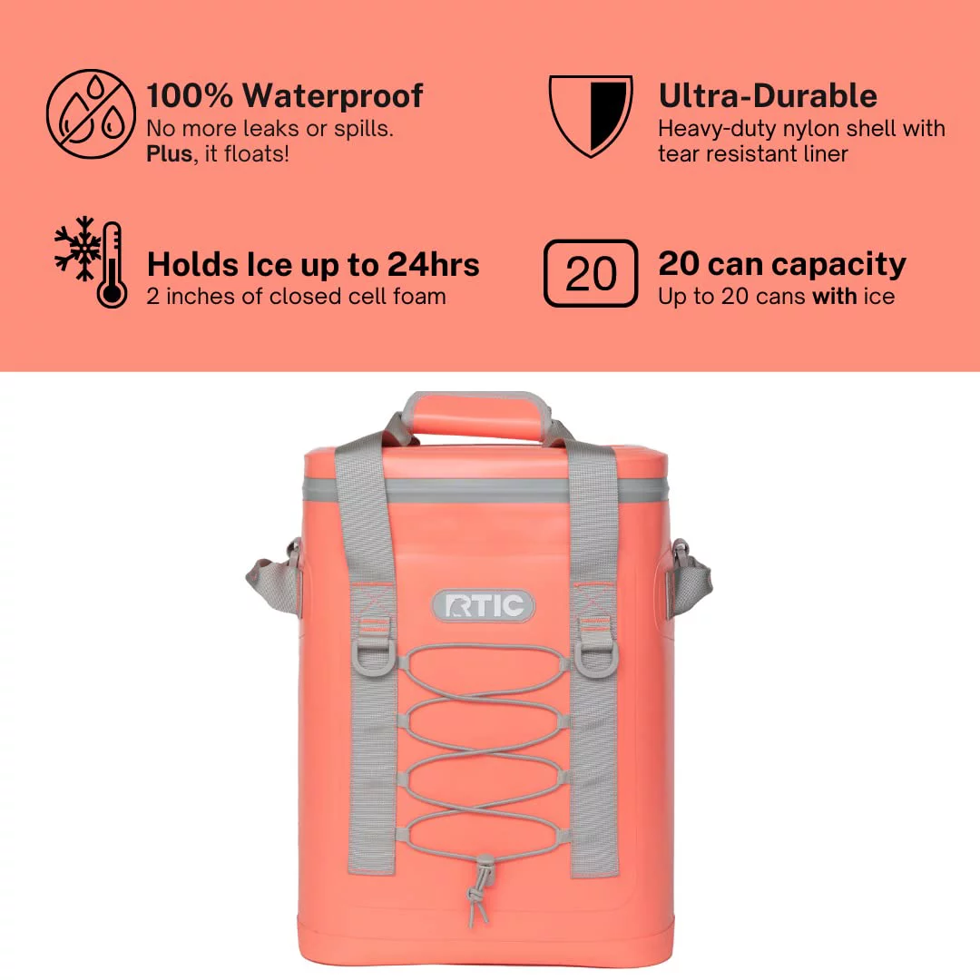 RTIC Backpack Cooler 20 Can, Insulated Portable Soft Cooler Bag Waterproof for Ice, Lunch, Beach, Drink, Beverage, Travel, Camping, Picnic, Car, Hiking, Coral