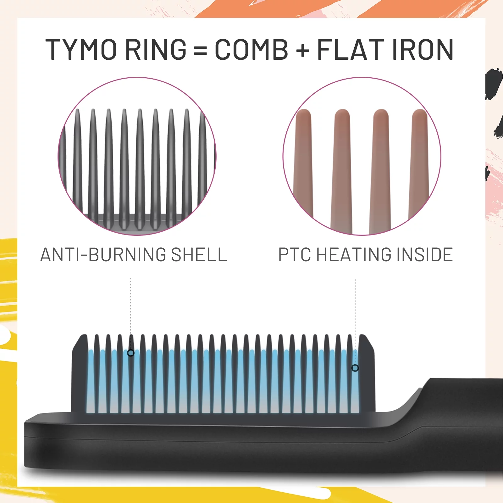 TYMO RING Hair Straightener Brush Black ?C Hair Straightening Iron with Built-in Comb, 20s Fast Heating & 5 Temp Settings & Anti-Scald