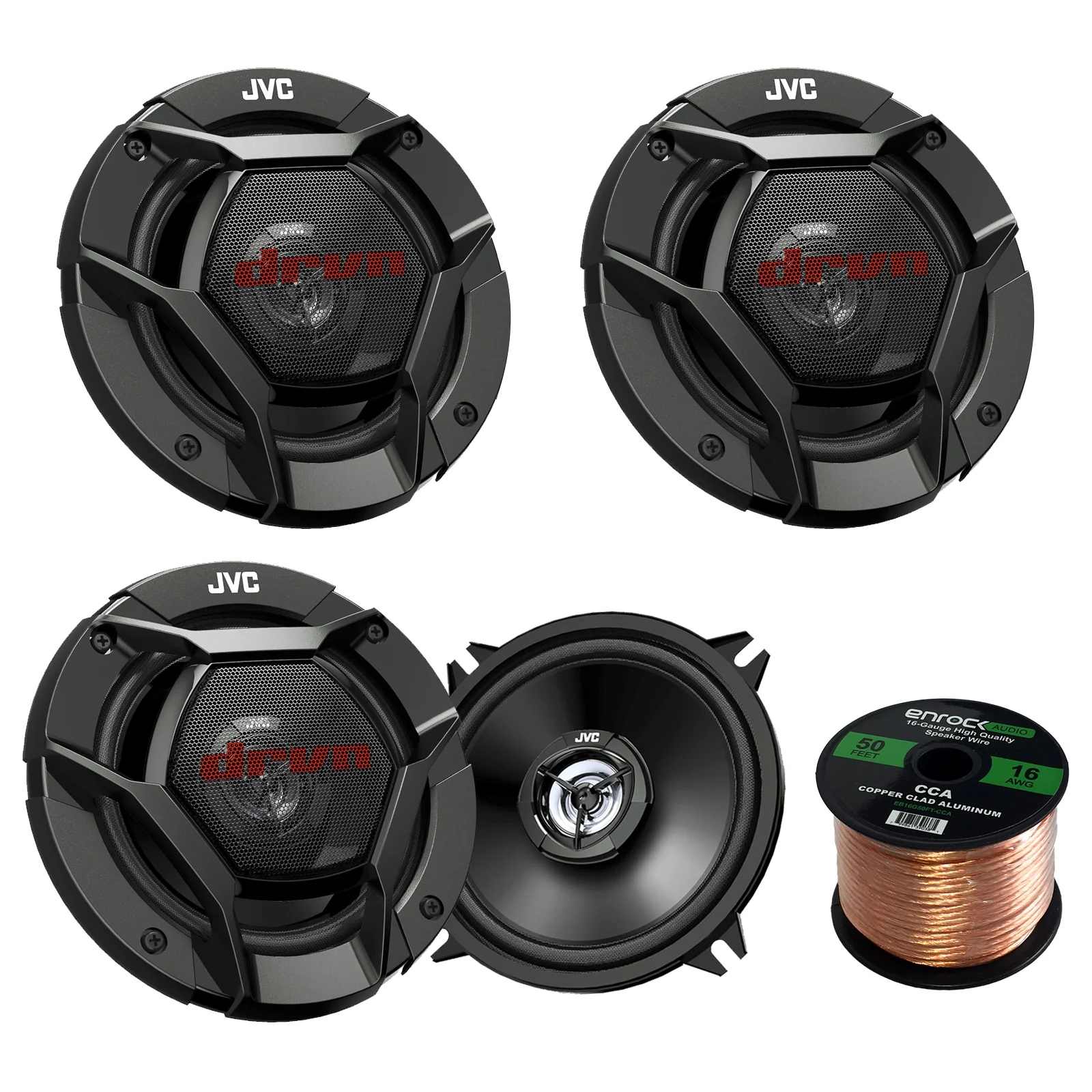 Car Speaker Package Of 2 Pairs of JVC CS-DR521 DR Sereis 5-1/4″ Inch 260 Watt 2-Way Upgrade Audio Stereo Coaxial Speakers Bundle Combo With Enrock 50 Foot 16 Gauge Speaker Wire