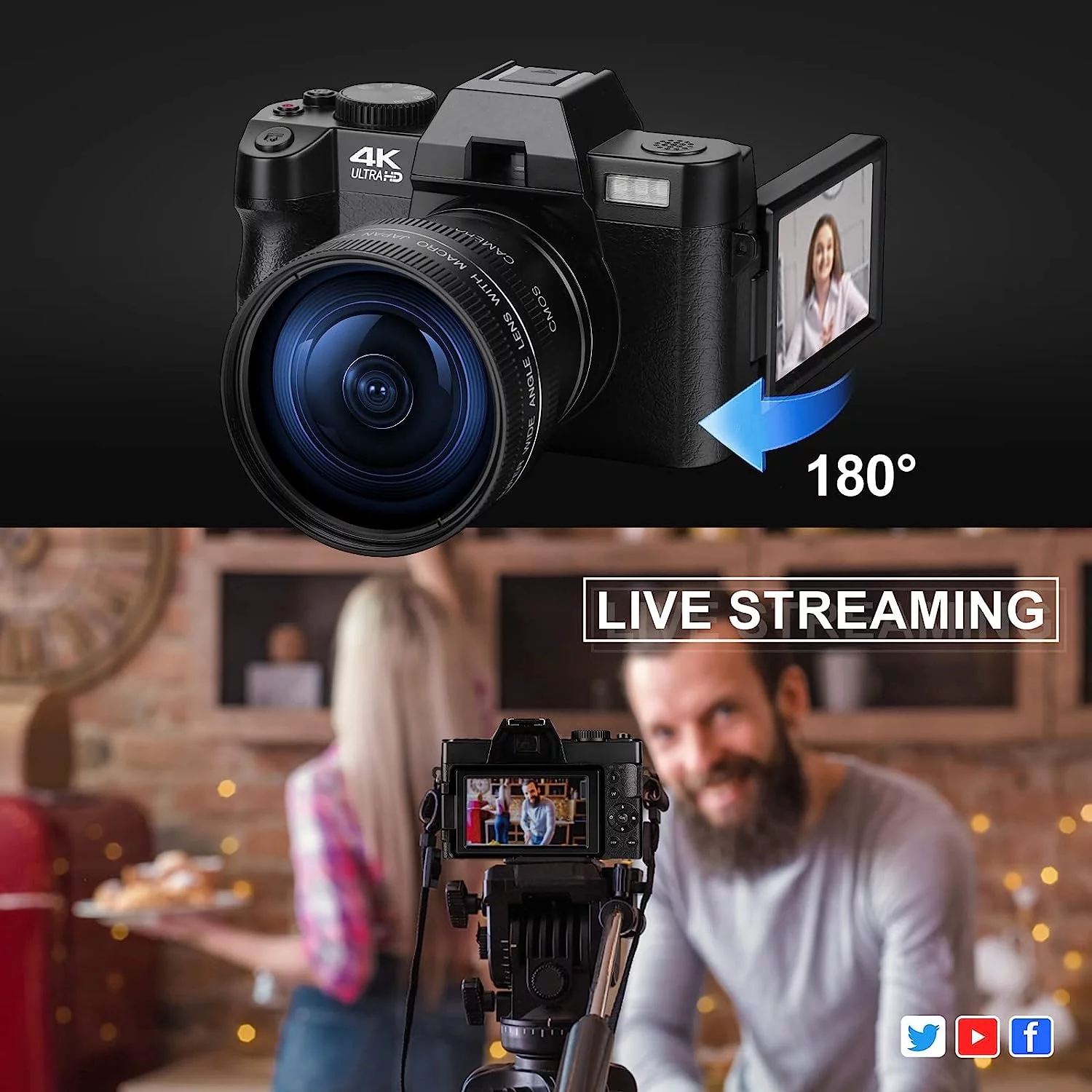 NBD Digital Camera 4K Ultra HD 48MP All-in-One Vlogging Camera with Wide Angle Lens, Digital Zoom 16x and 3″ Screen