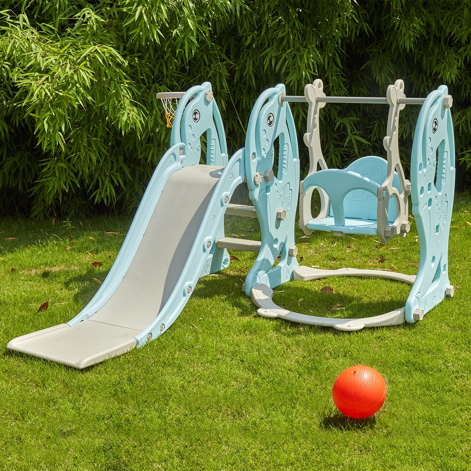 Kinbor 4-in-1 Toddler Swing and Slide Set with Basketball Hoop Outdoor Playset, Blue