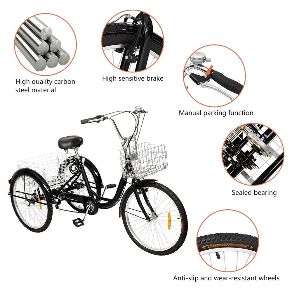 OverPatio Adult Tricycle 7 Speed, 24″ Three Wheel Bikes, for Seniors, Adults, Women, Men, Black