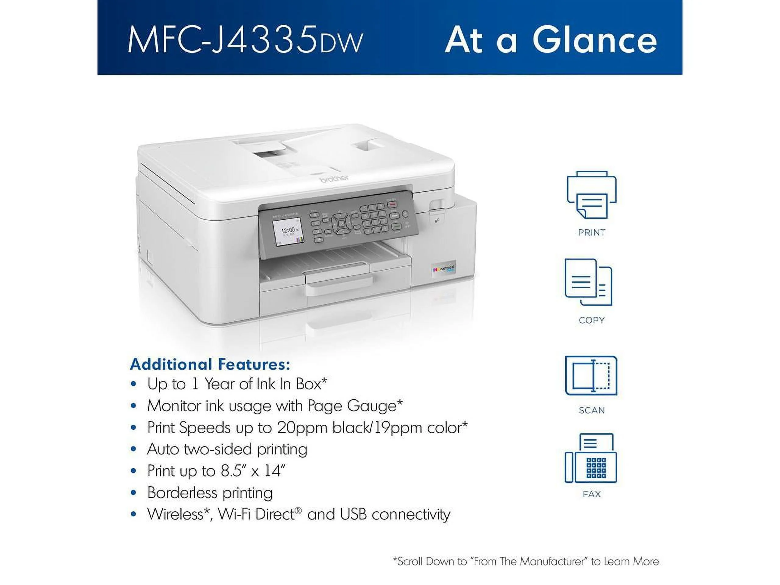 Brother MFC-J4335DW INKvestment Tank All-in-One Color Inkjet Printer with Duplex and Wireless Printing plus Up to 1-Year of Ink In-box