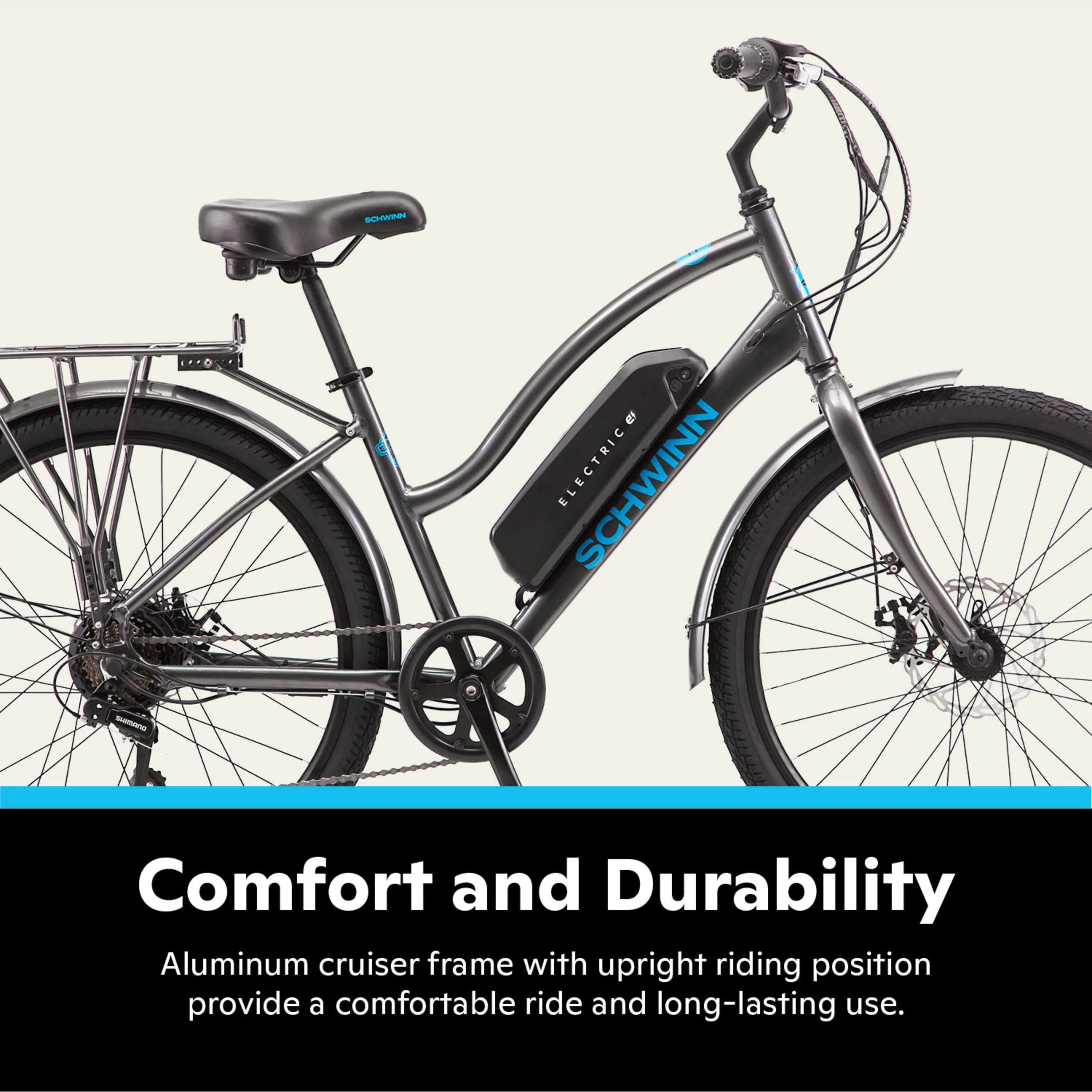 Schwinn 26″ EC1 Low Step Cruiser Electric Bike for Adults, 7 Speeds, 250w Motor, Black Ebike