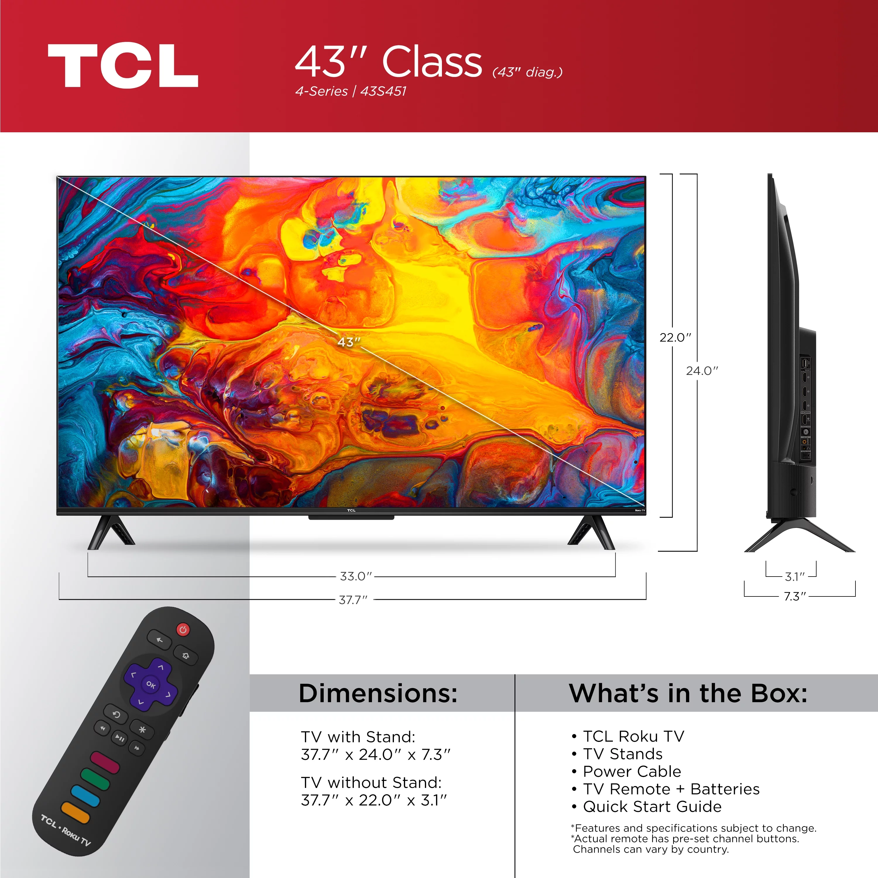 TCL 43″ Class 4-Series 4K UHD HDR Smart Roku TV – 43S451