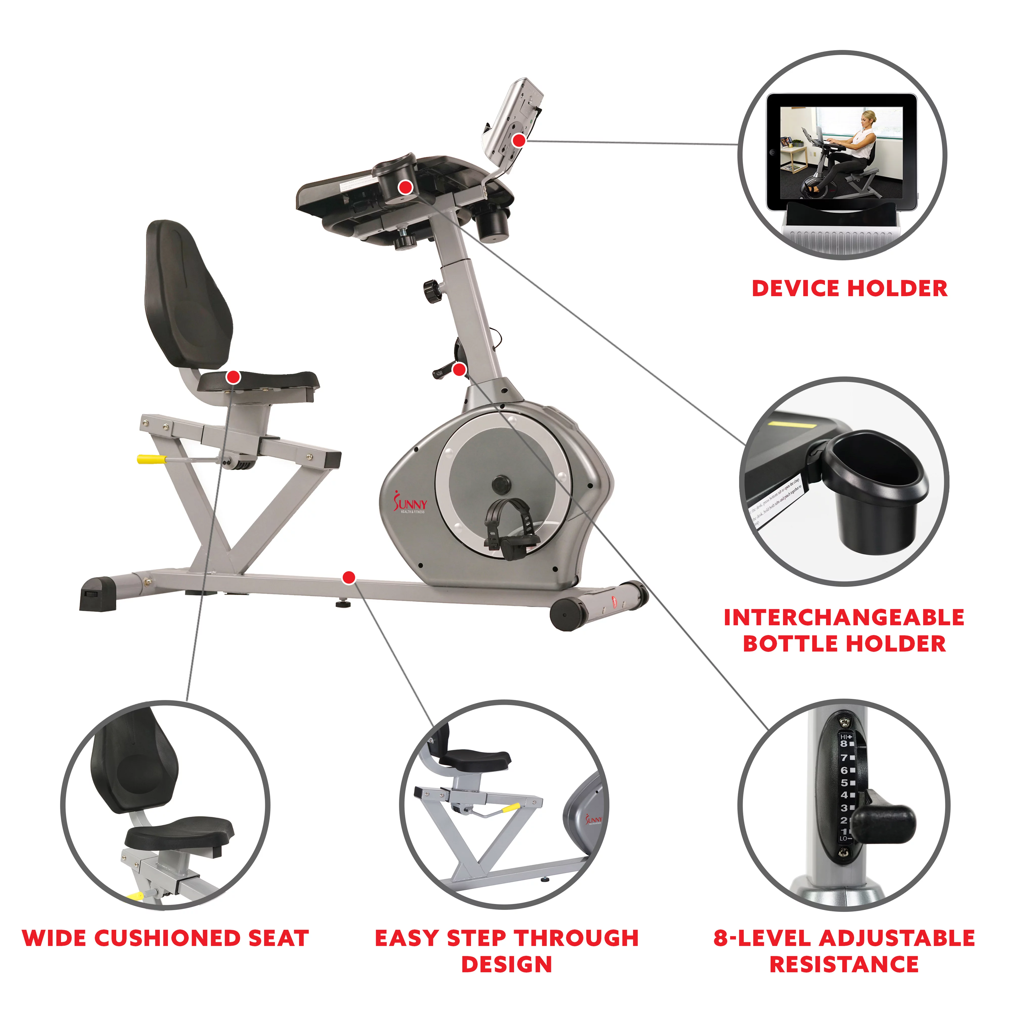 Sunny Health & Fitness Magnetic Indoor Stationary Recumbent Exercise Desk Bike Cardio Trainer, 350 lb Weight Capacity, SF-RBD4703