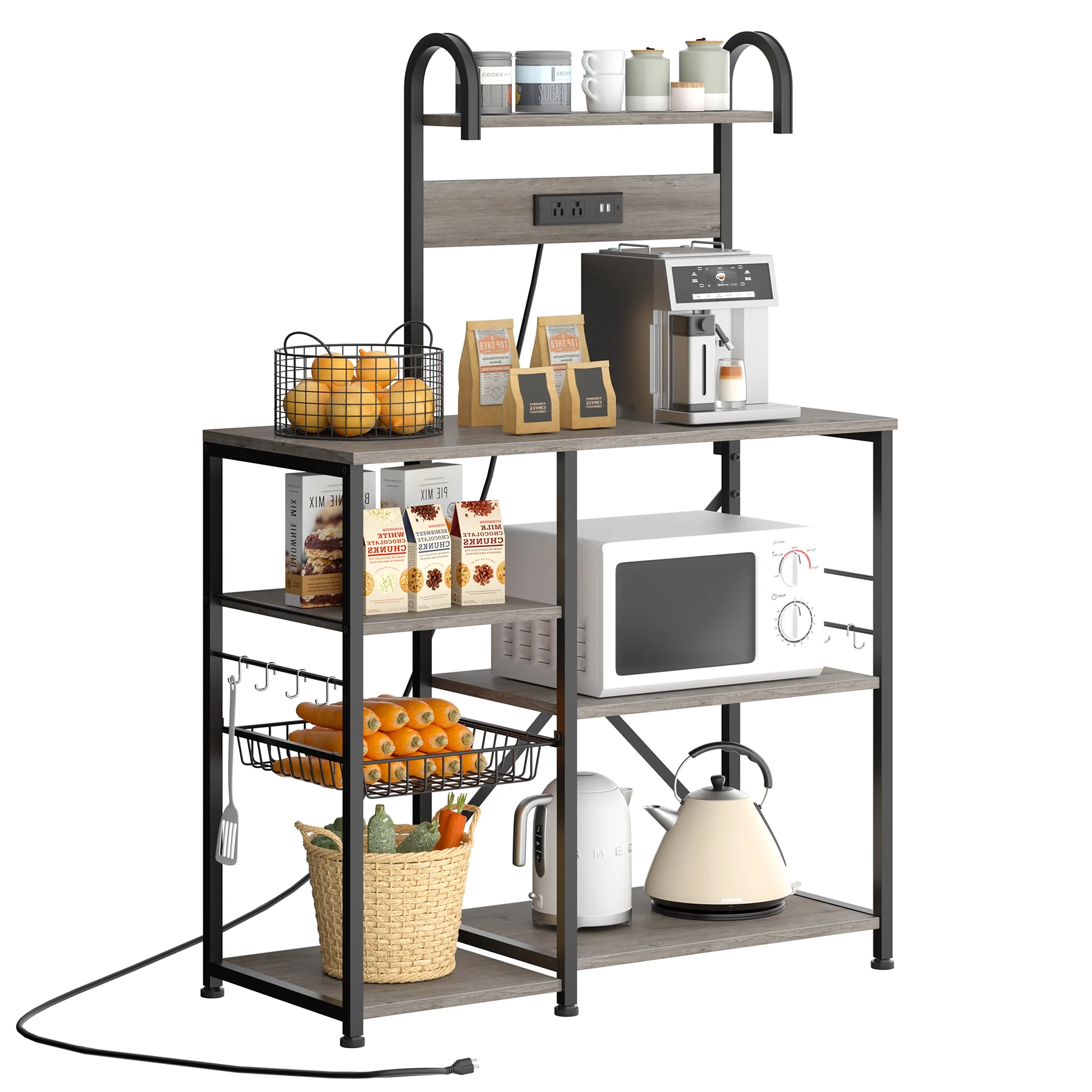 Walsunny Kitchen Bakers Rack with Power Outlet,Industrial Kitchen Island Storage Shelf with 6 Hooks 6 Tier Rack