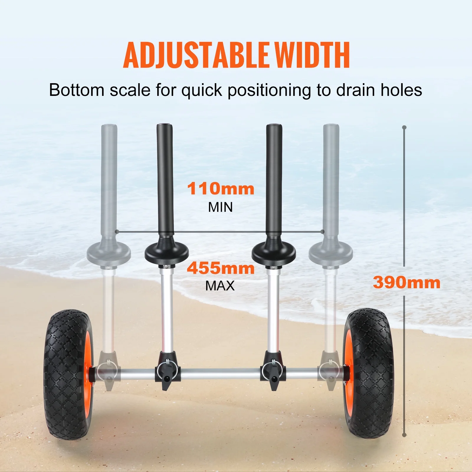 BENTISM Adjustable Kayak Cart Canoe Boat Carrier 280lbs Load with 10” Solid Tires for Kayaks with Drain Holes of 1”