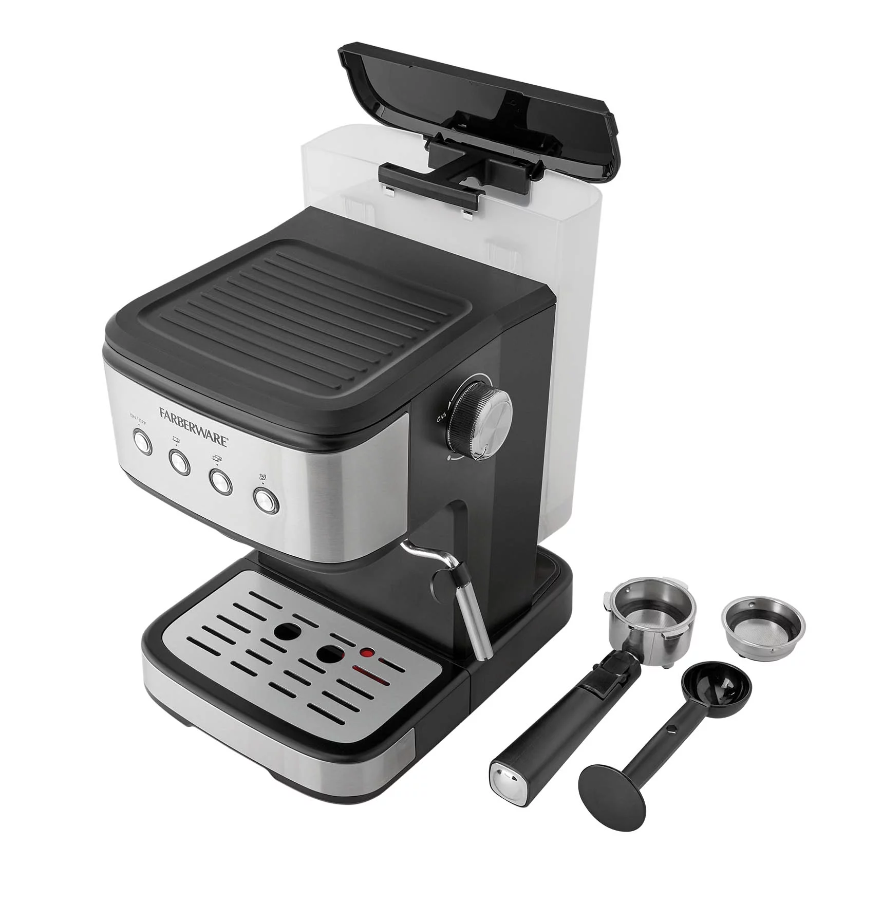 Farberware 1.5L 20 Bar Espresso Maker with Removable Water Tank, Silver and Black, New Condition