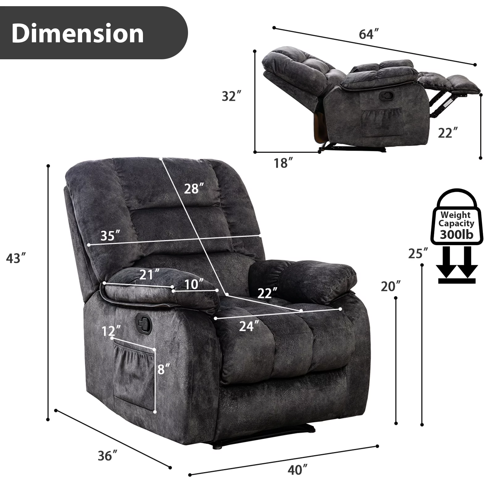 Bonzy Home Recliner Chairs with Massage and Heat Overstuffed Fabric Manual Recliners for Living Room, Gray