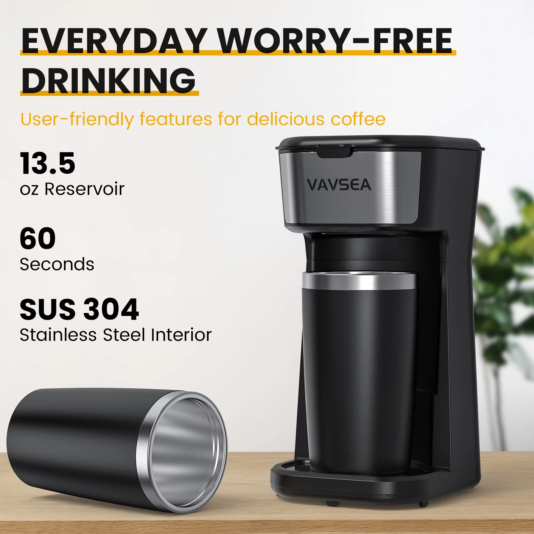 VAVSEA Single-Serve Coffee Maker Brewer with Thermal Travel Mug & Reusable Filter, 600W Coffeemaker for Ground Coffee