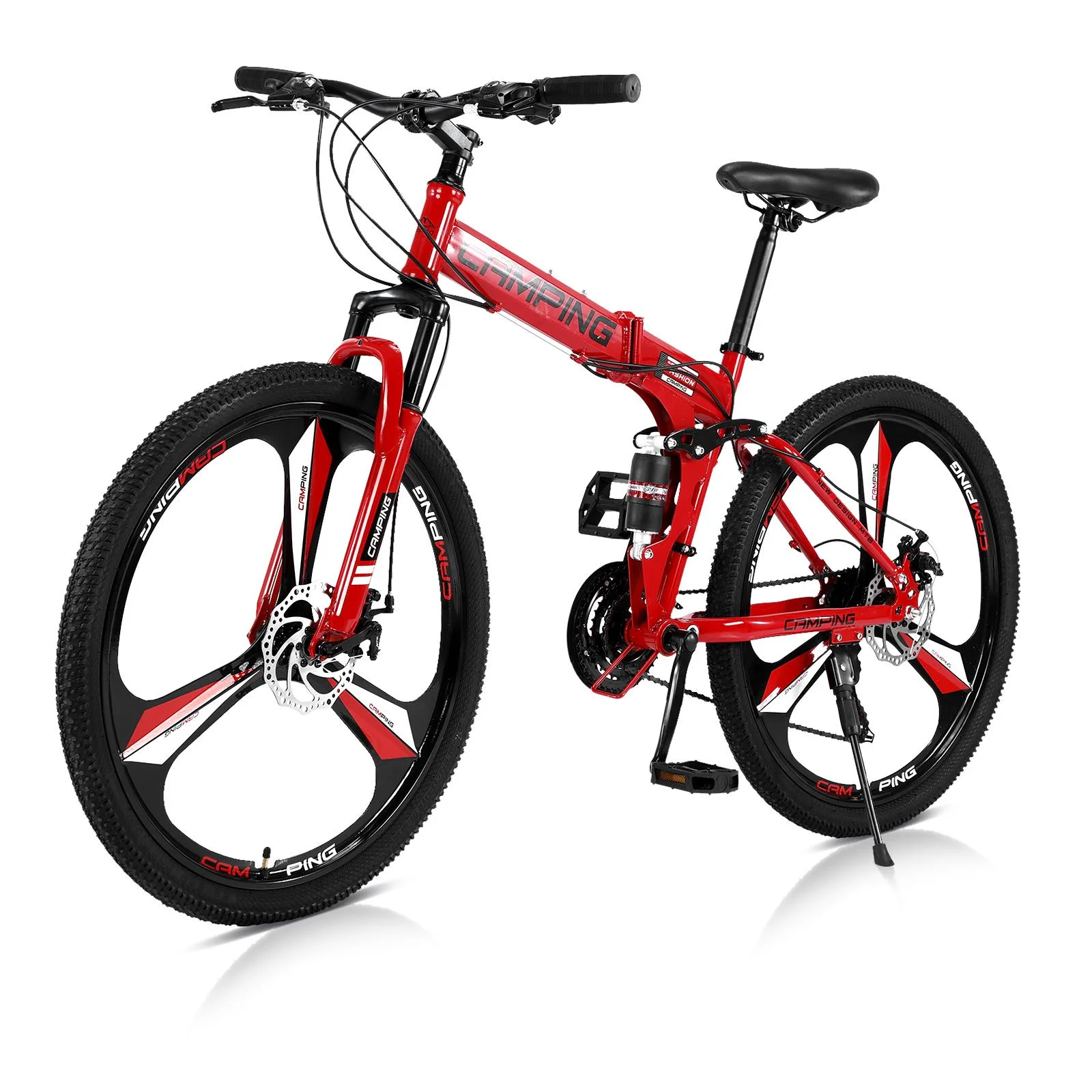 CamPingSurvivals Shimano 21-Speed Steel Mountain Bike, 26″ Foldable MTB for Adult & Teenagers, Red