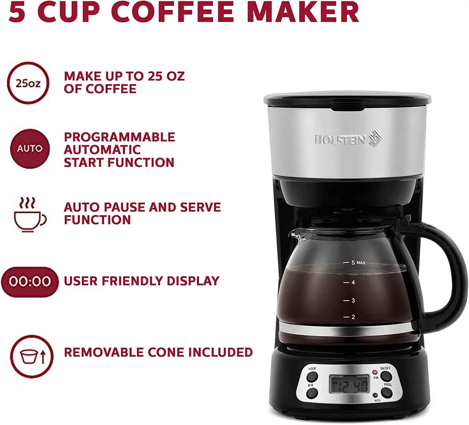 Holstein Housewares 5-Cup Programmable Coffee Maker