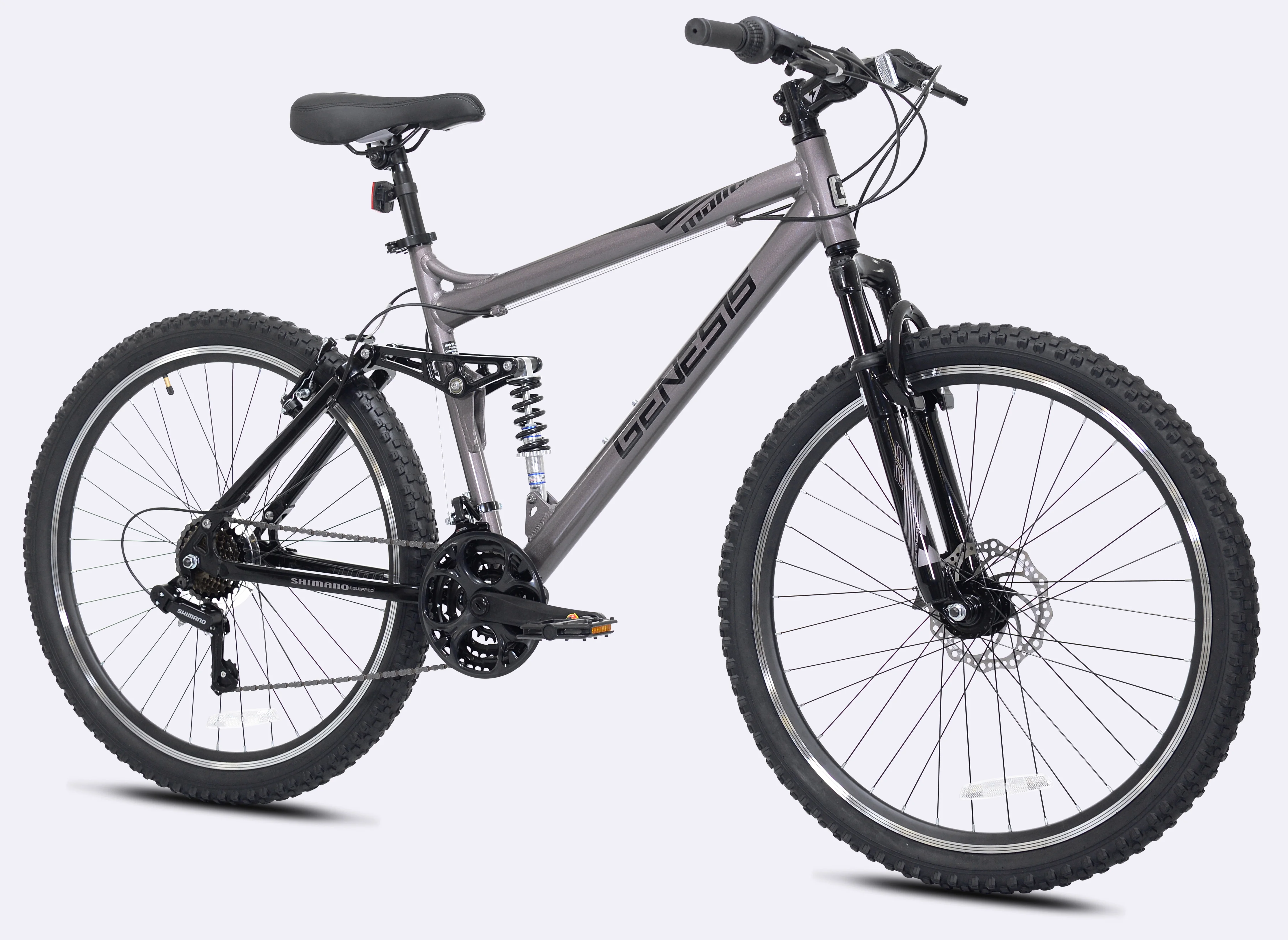 Genesis 26-inch Malice Men’s Aluminum Full Suspension Mountain Bicycle, Metallic Gray