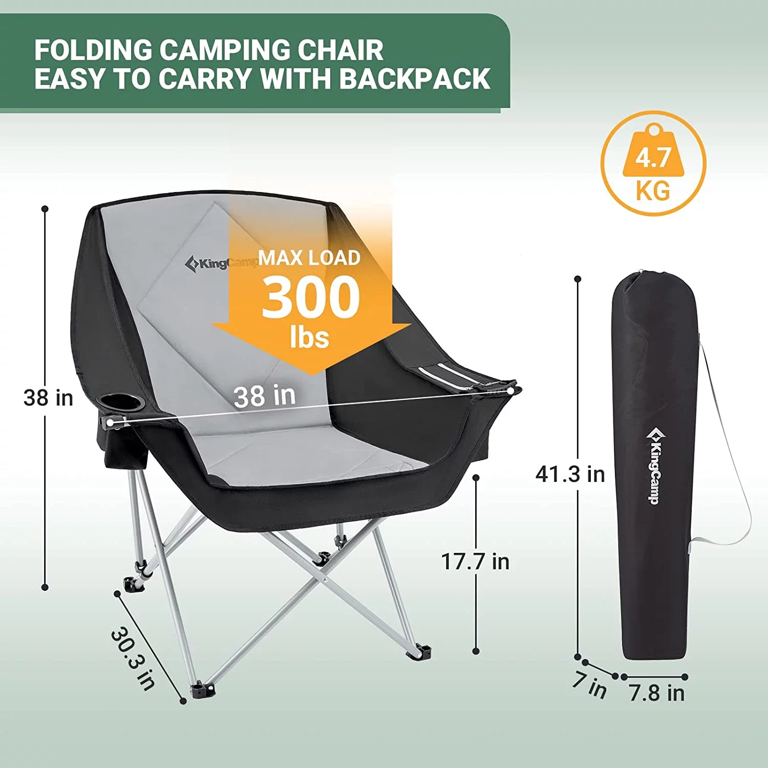 KingCamp Oversized Folding Camping Chair Portable Saucer Round Chairs Outdoor Padded Sofa Chair for Adult, Black