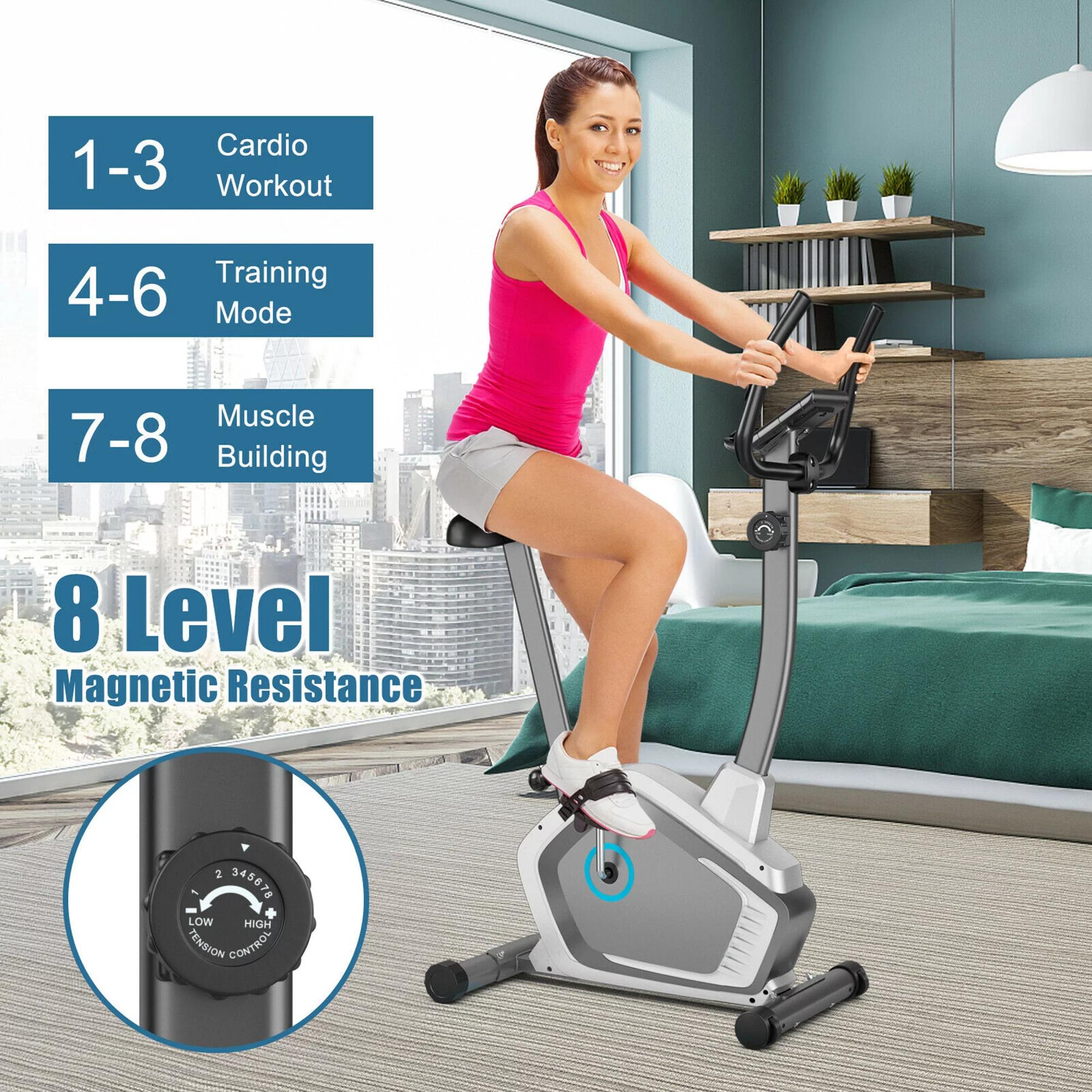 Gymax Magnetic Upright Exercise Bike Cycling Bike W/Pulse Sensor 8-Level Fitness