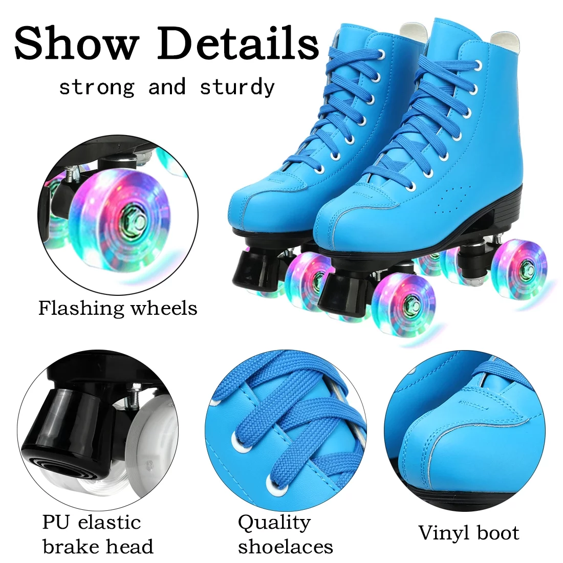 EONROACOO Flashing Wheels Roller Skates for Adult, Leather Double-Row Roller Skates for Women&Men Quad Skates(Green, Women 7/Men 5.5)