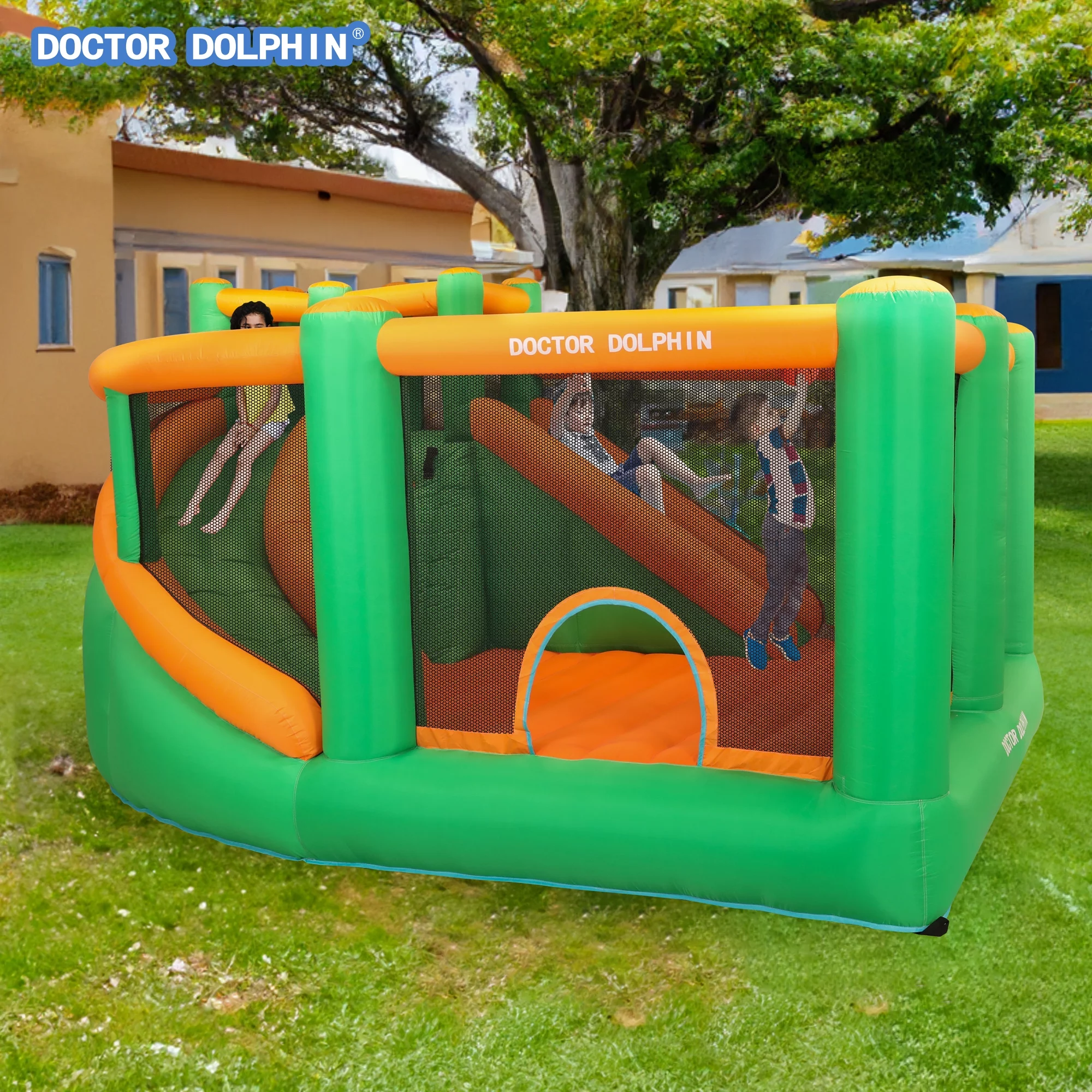 Doctor Dolphin Inflatable Bounce House, Bouncy Castle Bouncer Playhouse with Double Slide,Spacious Jumping Area,Air Blower for Toddlers and Kids