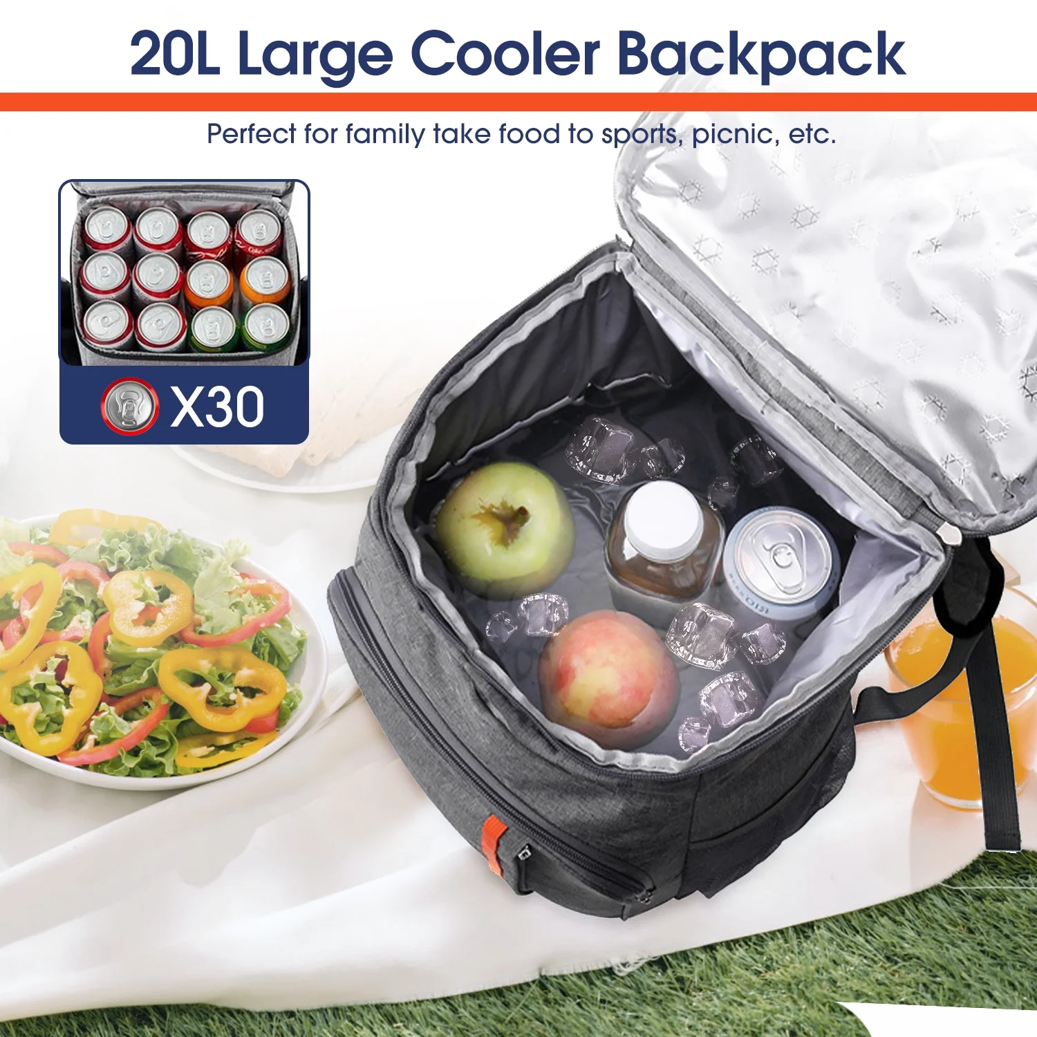 iFanze 30 Cans Backpack Cooler, Soft Sided Cooler, Gray