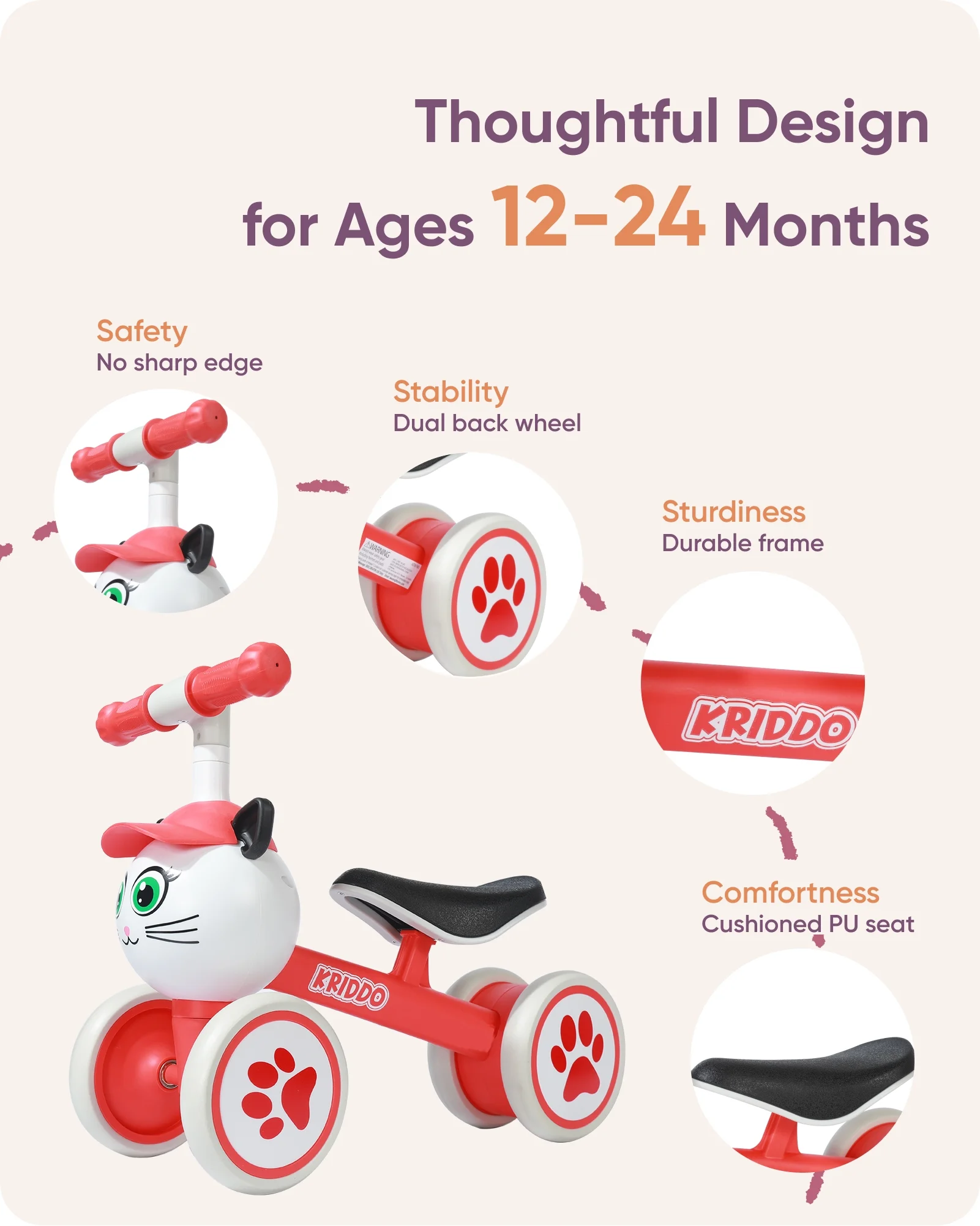 KRIDDO Baby Balance Bike for 1-2 Year Old Boy and Girl, Toddler Mini Bike for One Year Old First Birthday Gifts Baby Toys 12 Months to 2 Year Old Ride-on Toys Gifts Indoor Outdoor Balance Bike, Rabbit