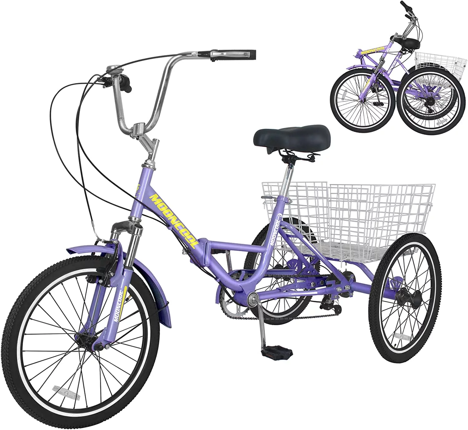 MOONCOOL Adult Folding Tricycle, 7 Speed 20/24/26 inch Adult Tricycles, Three Wheel Bike Cruiser Trike with Large Basket