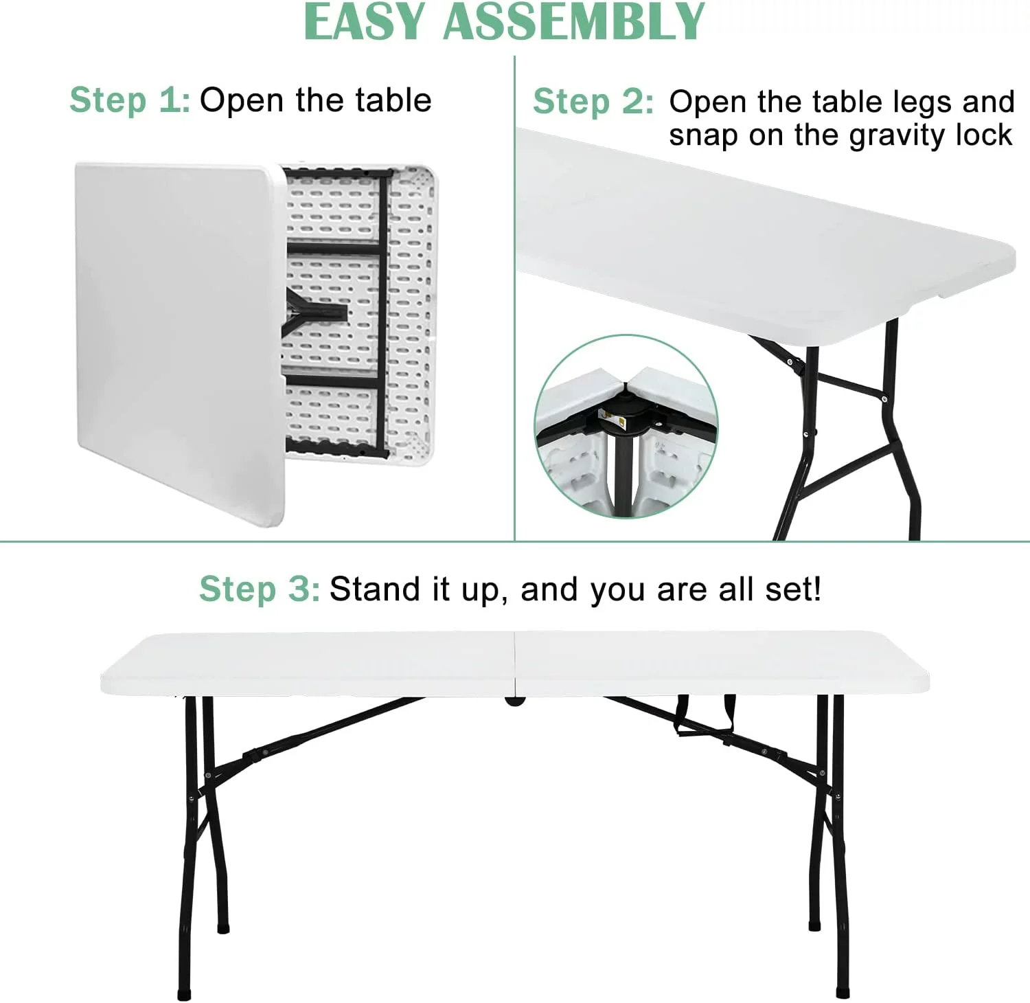 NiamVelo 6ft Folding Table Portable Plastic Indoor Outdoor Camping Dining Table with Carrying Handle