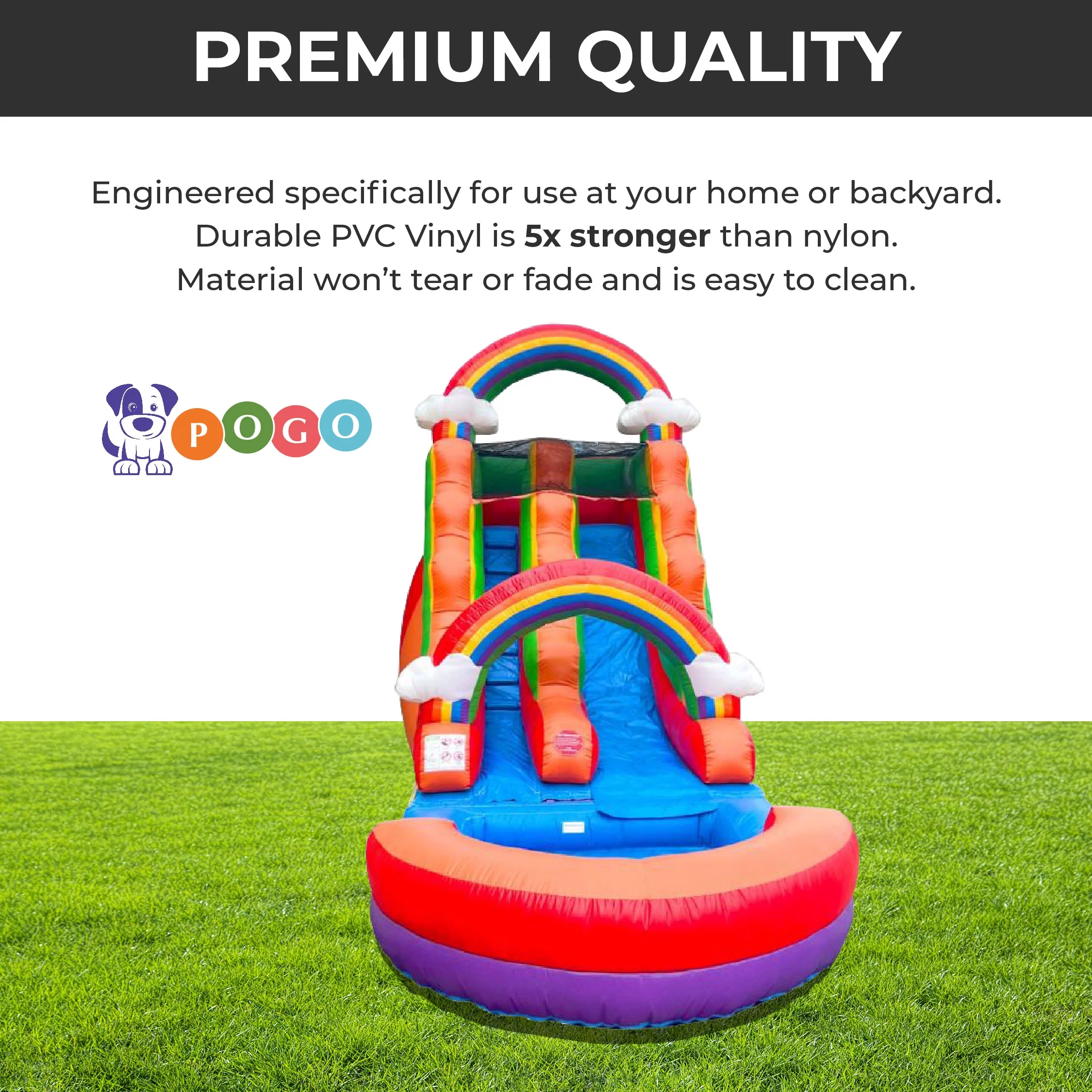 Pogo Bounce House Crossover Kids Inflatable Water Slide, Rainbow Cloud with Blower, 15 ft