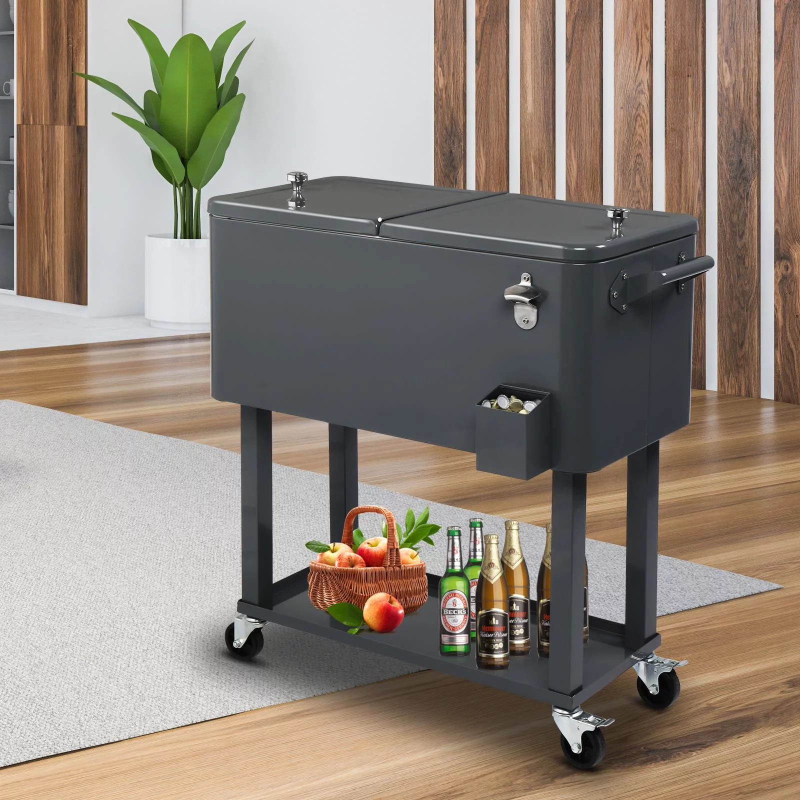 OverPatio 80QT Cooler Cart Rolling Function with Shelf Wood Grain Accent Ice Chest Gray