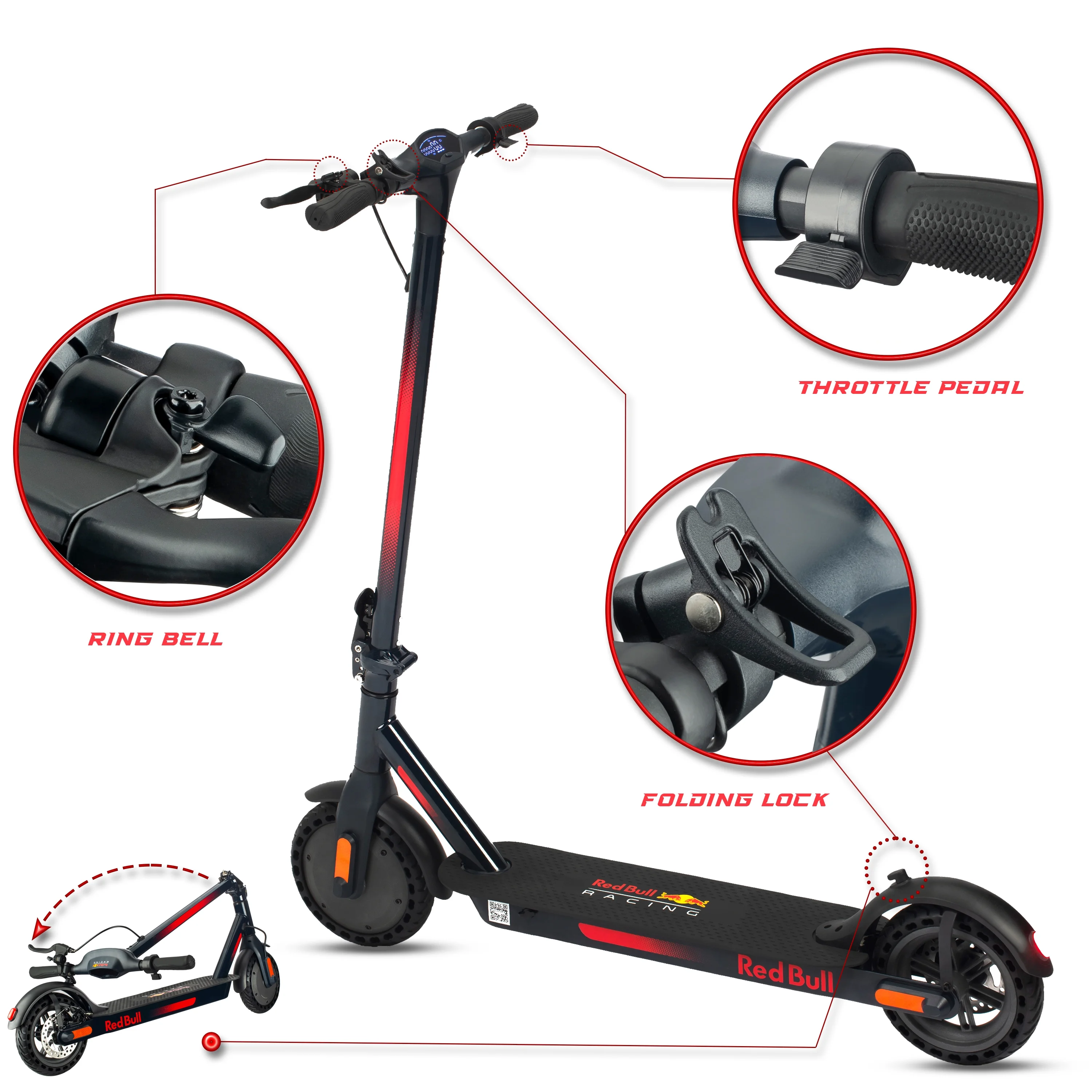 Red Bull Racing Performance Speed Zoom 350W (700W Peak) Electric Scooter Safety Certified with UL 2272