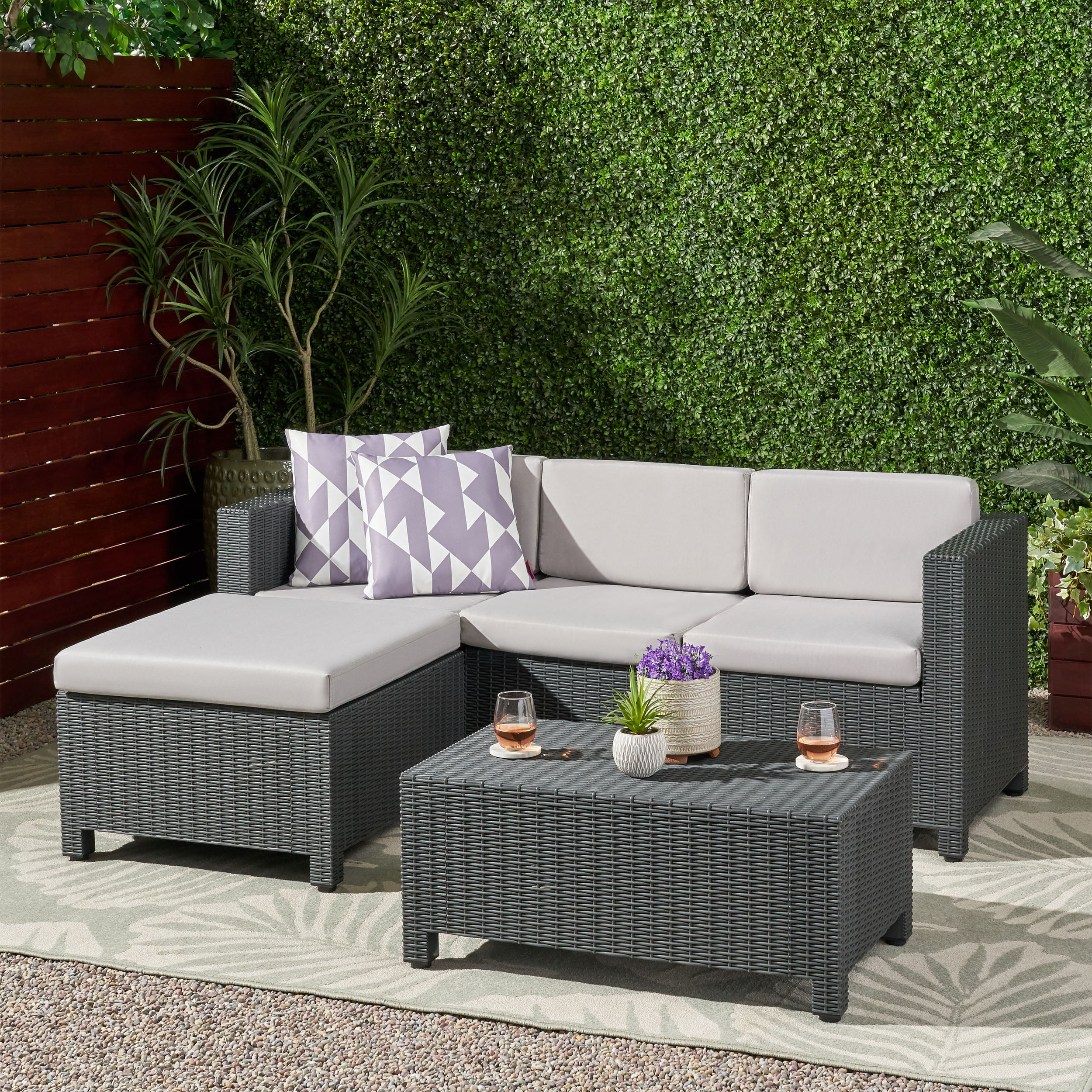 GDF Studio Riley Outdoor Faux Wicker 3 Seater Sectional Set with Ottoman, Gray