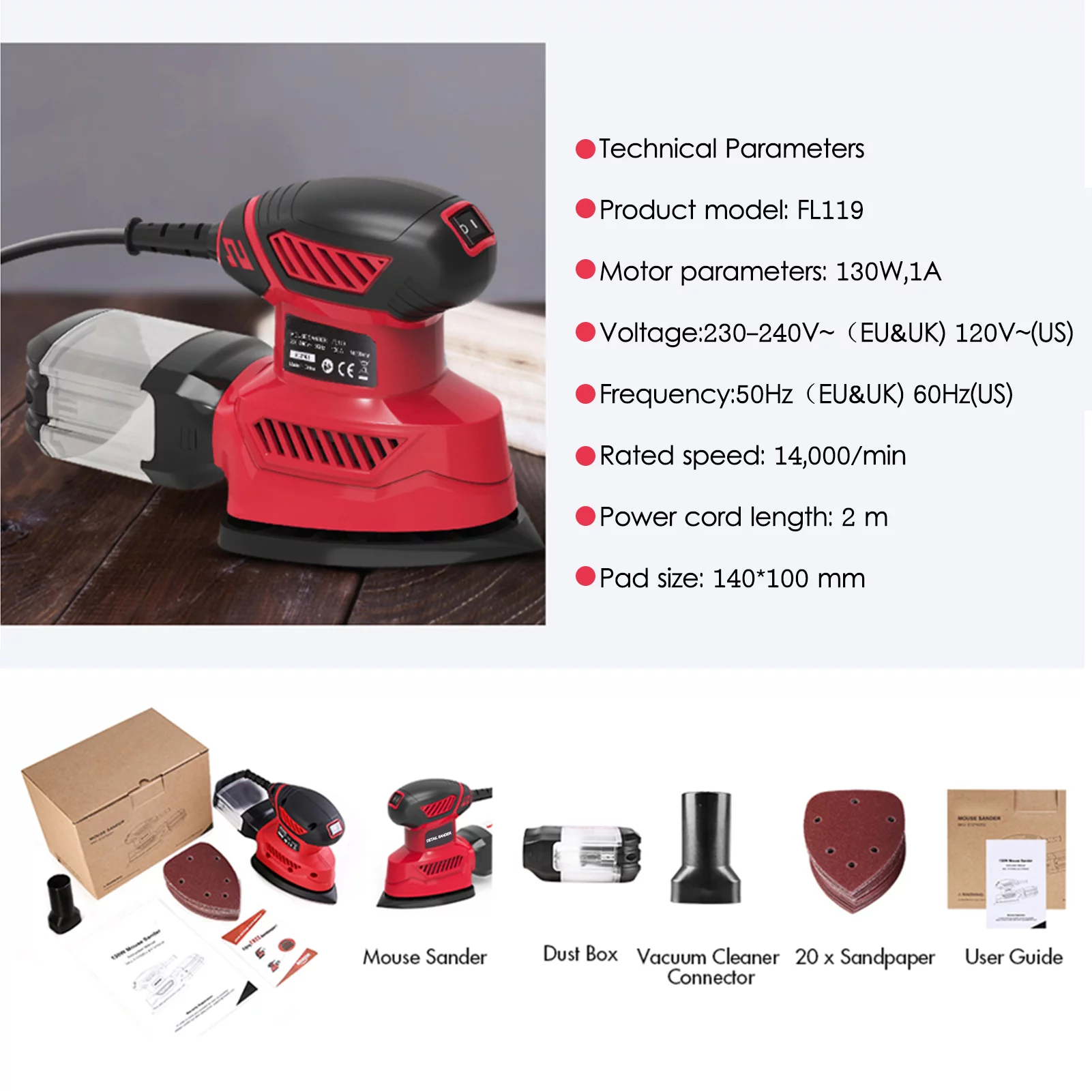 Mouse Detail Sander, 13500RPM Compact Electric Sander with Vacuum Cleaner Connecting Pipe and 20Pcs Sandpapers(4 Pcs for each 60, 80,120,180, 220 Grit)