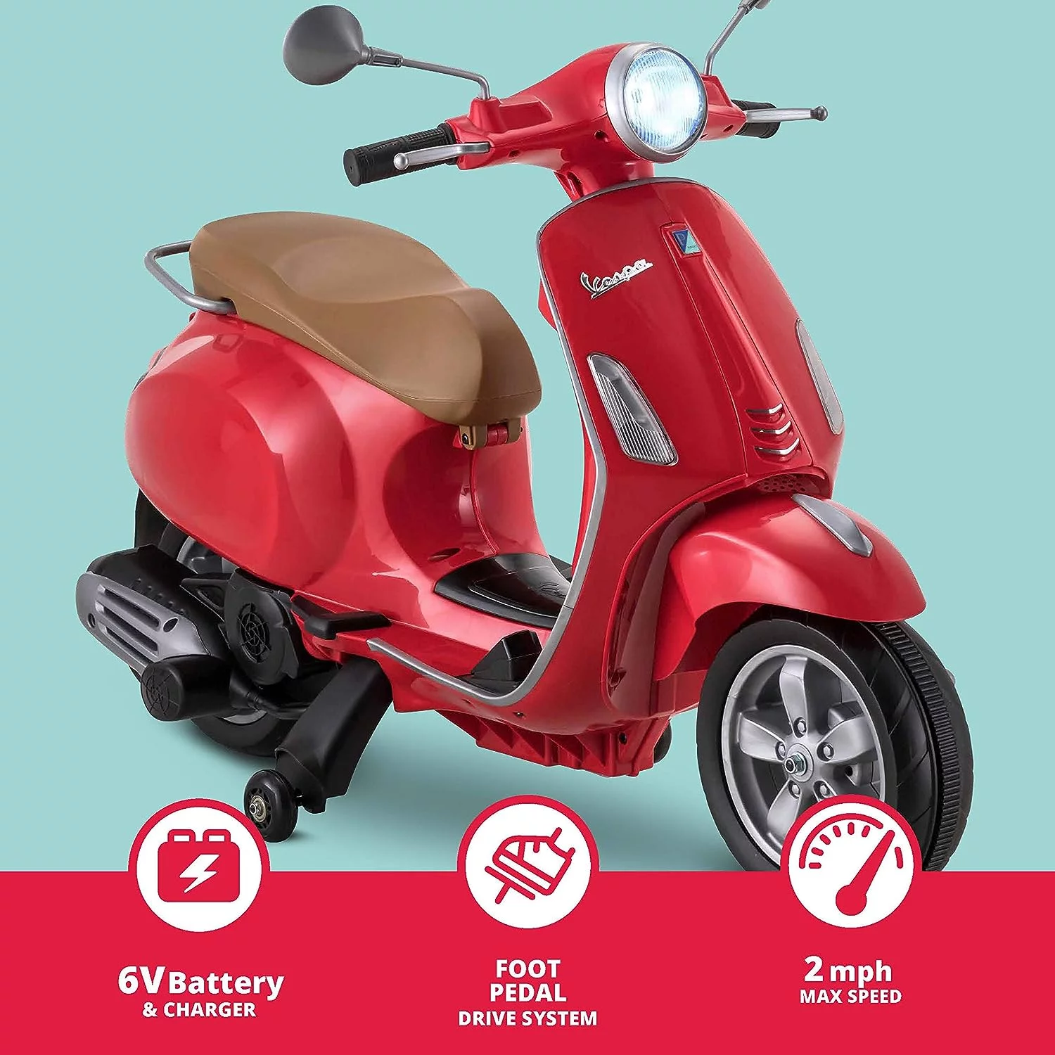 Kid Trax Vespa Toddler Scooter Electric Ride-on Toy, 3-5 Years Old, 6 Volts, Max Weight 60 lbs, Red