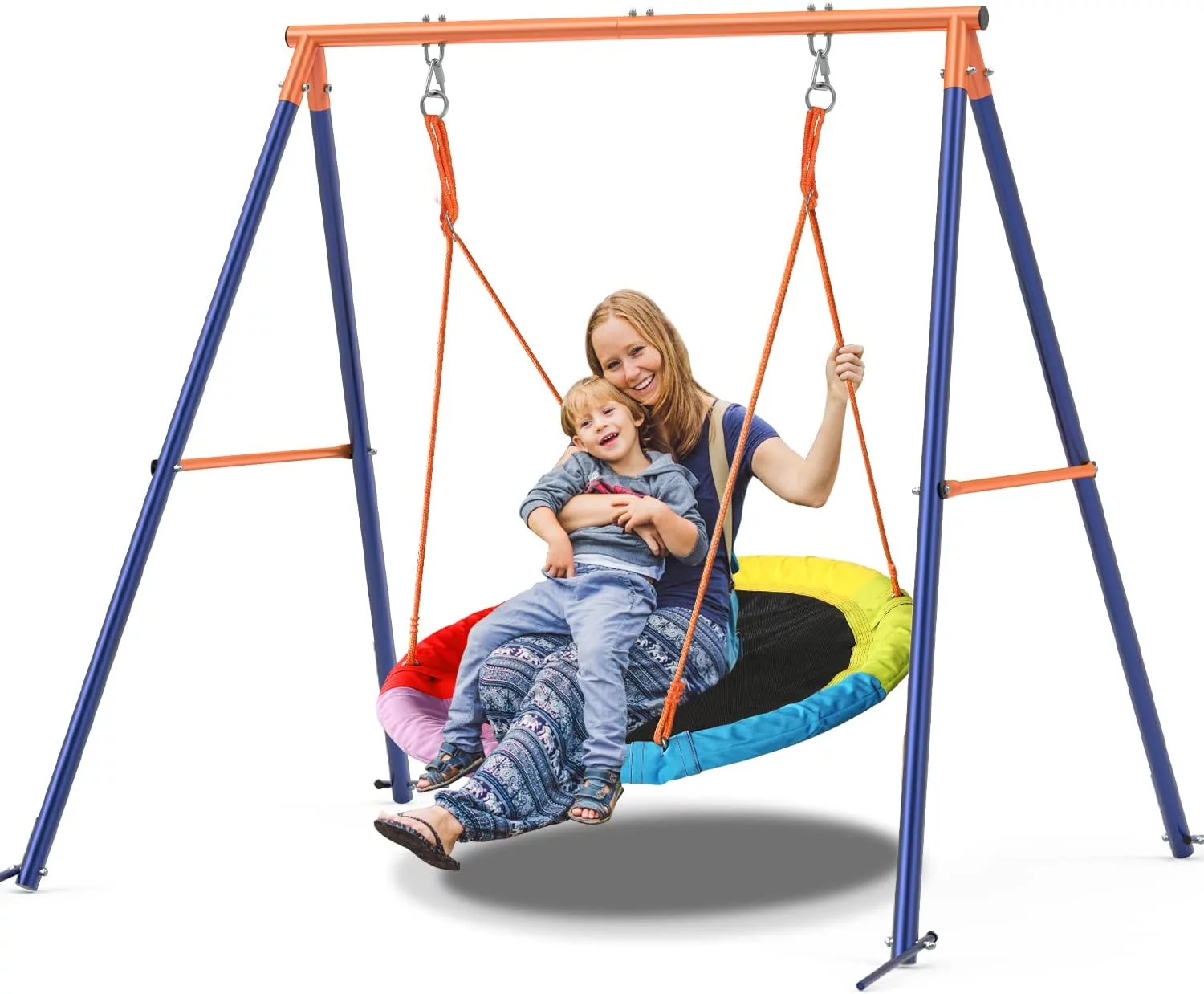 Tiikiy Swing Set with Saucer, 440lbs Saucer Swing with Stand for 2-3 kids Outdoor Play, 40in Round Saucer Swing Adjustment Rope, Rainbow