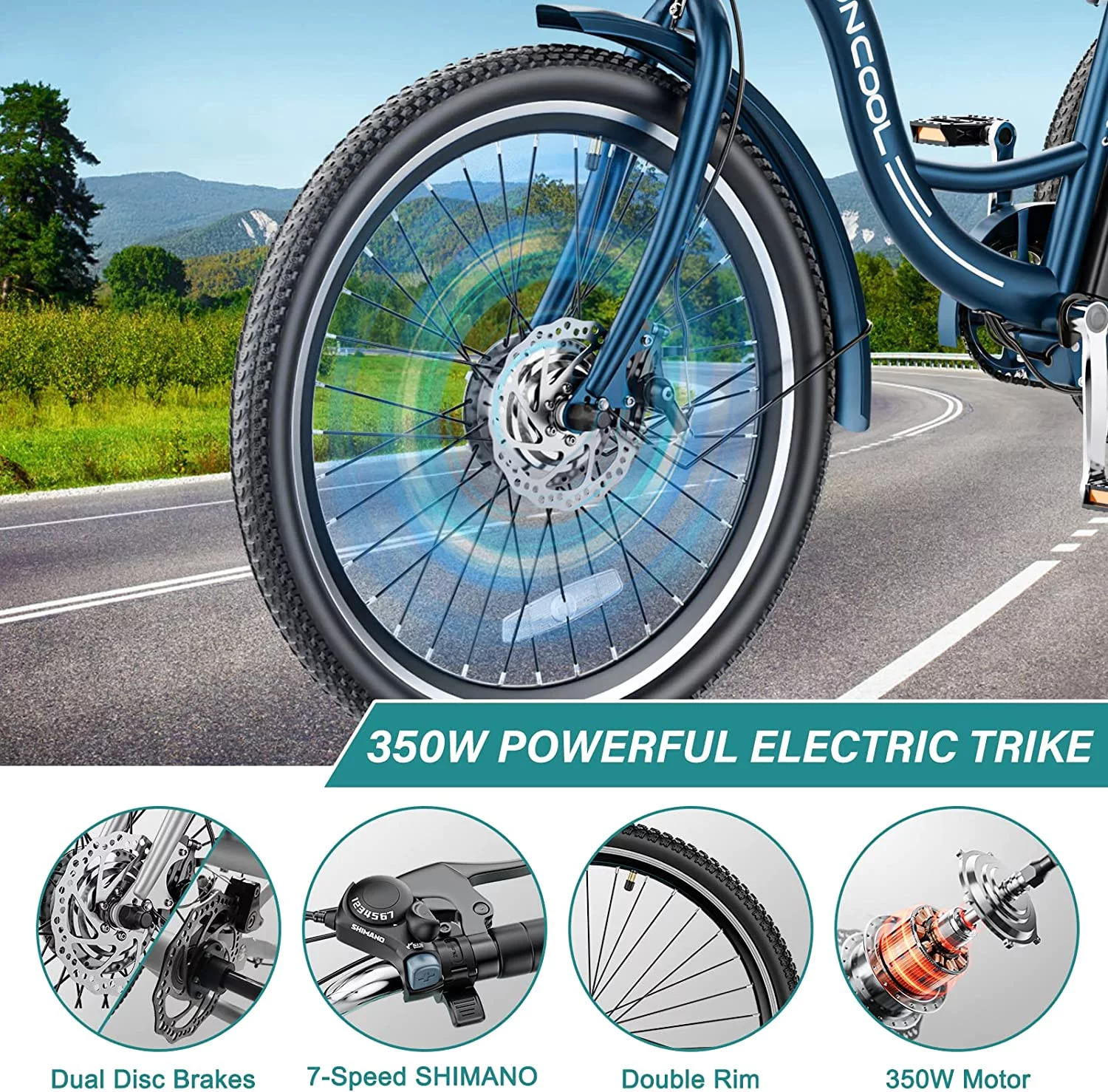 MOONCOOL Electric Tricycle, 350W 36V 24 Inches 7 Speeds 3 Wheels Electric Bikes for Adults, Motorized Electric Trike Three Wheel Electric Bicycle