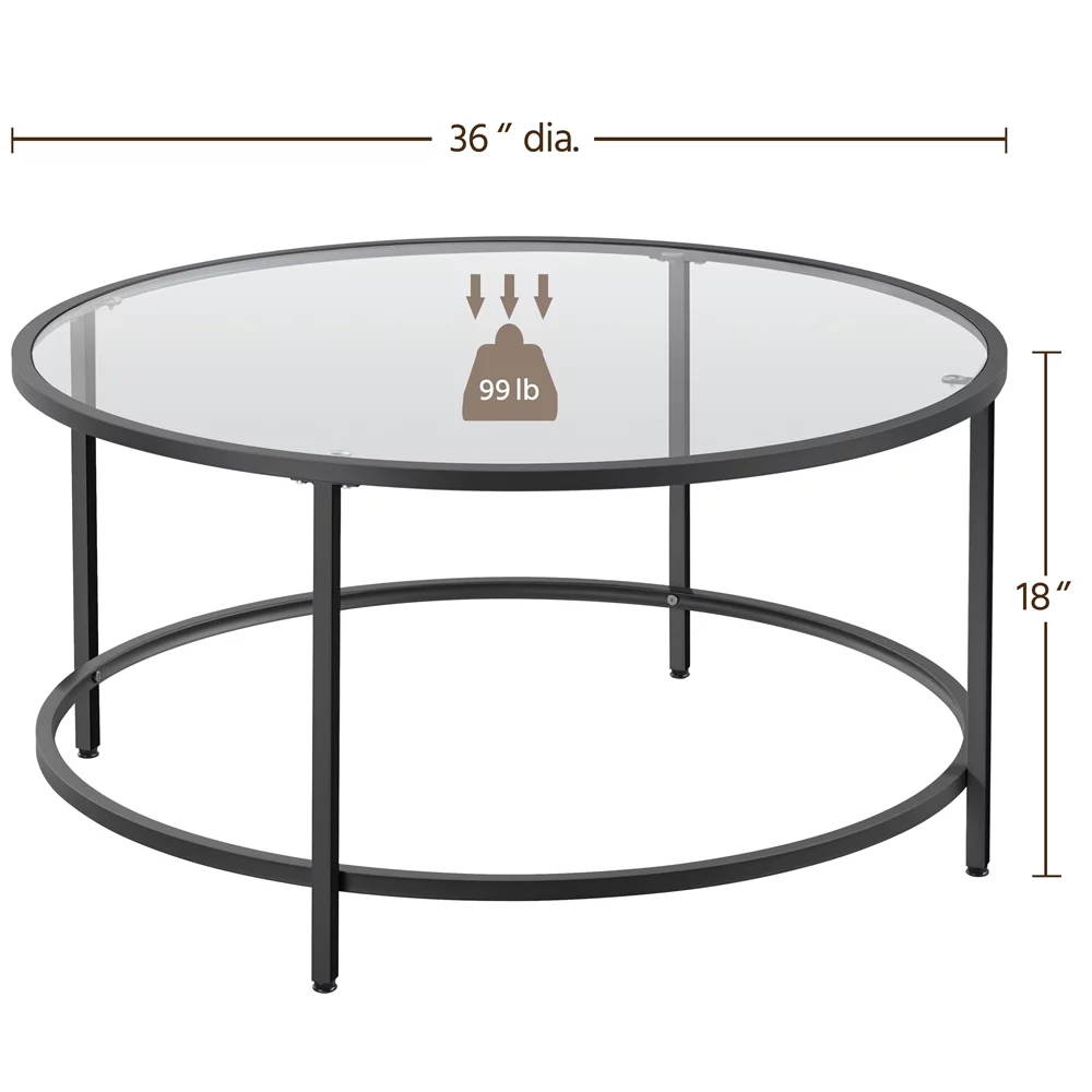 Alden Design Round Modern Glass-Top Coffee Table, Black