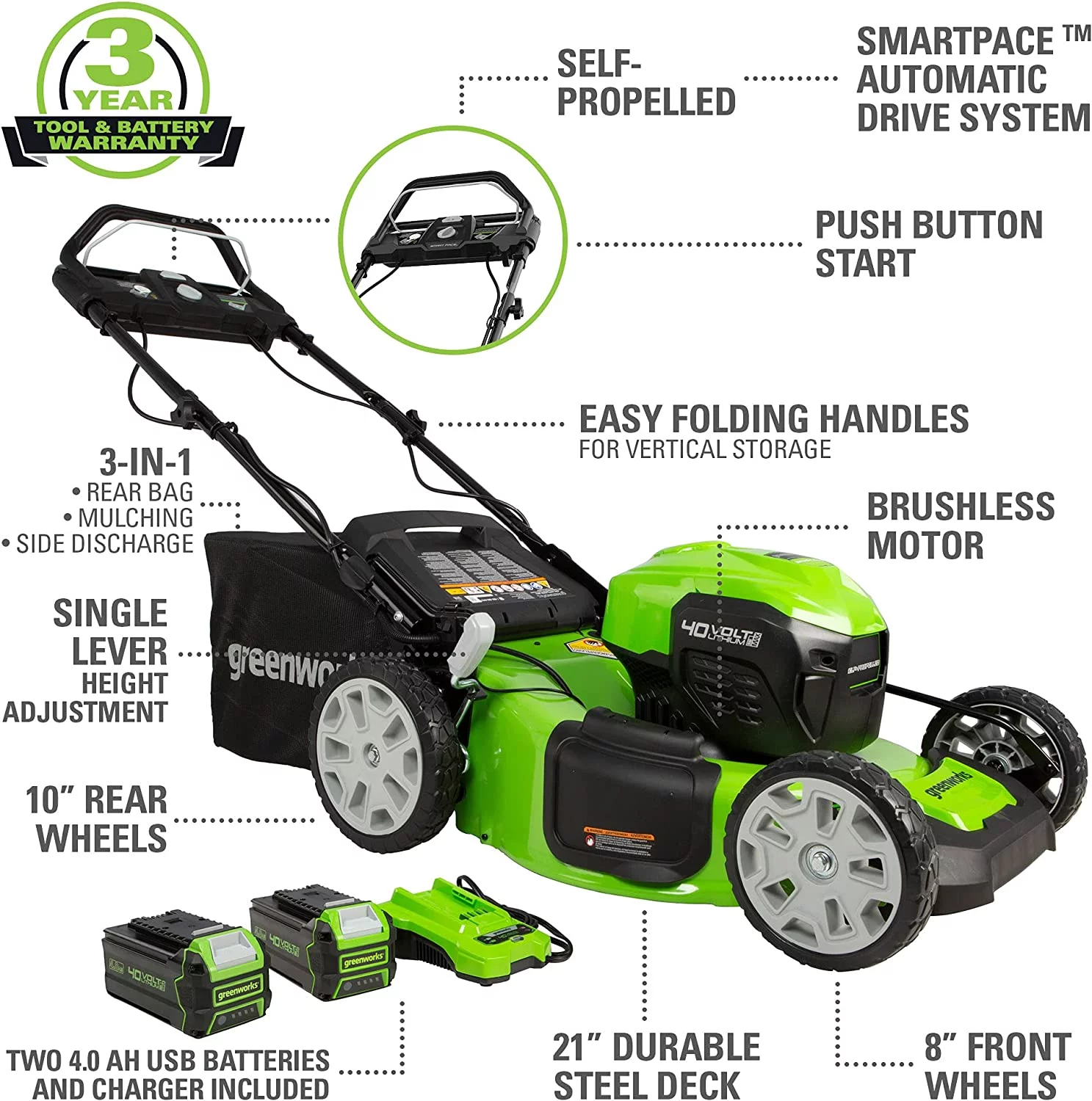 Greenworks 40V 21″ Brushless (Smart Pace) Self-Propelled Lawn Mower, 2 x 4Ah USB (Power Bank) Batteries and Charger Included MO 21″ Mower (2 x 4.0Ah)