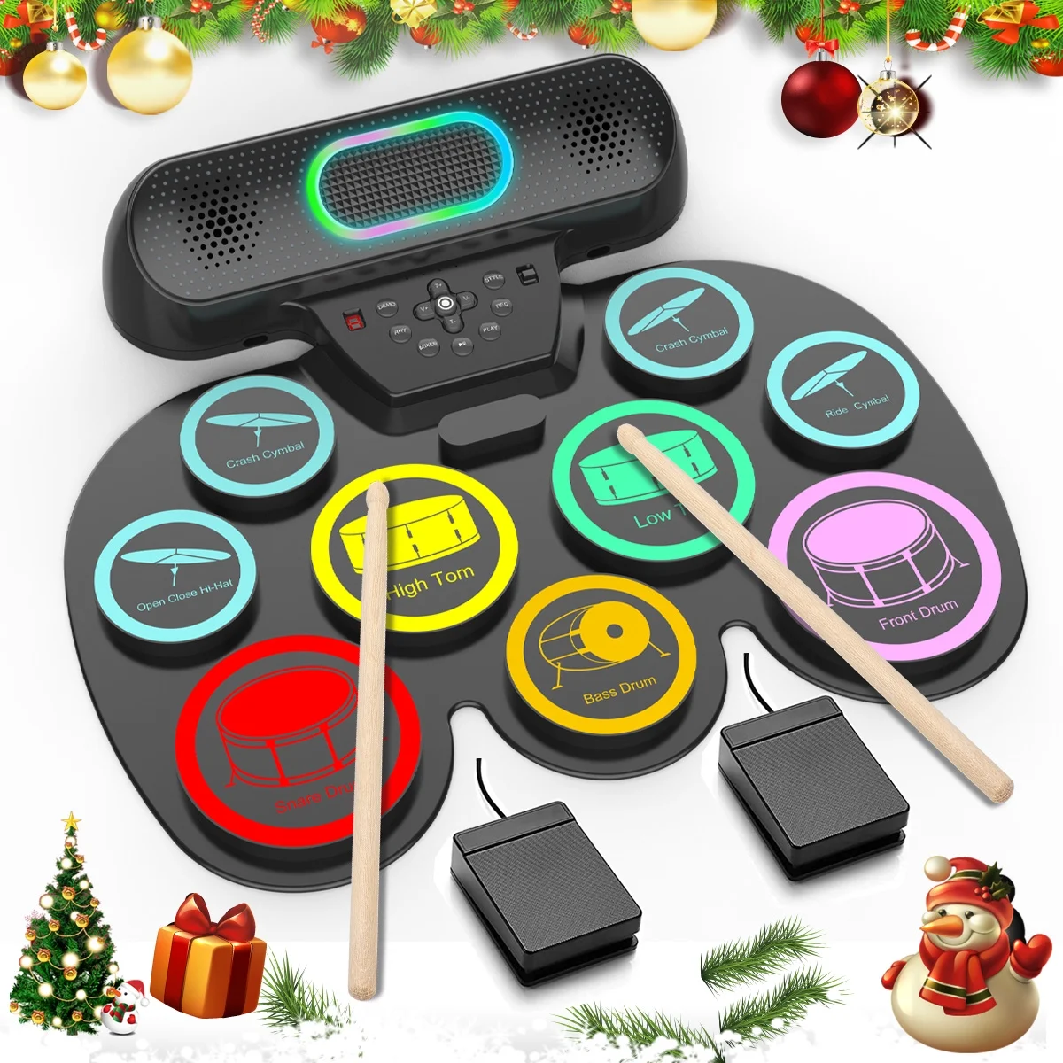 Ficcug Electronic Drum Set for Kids Adults,9 Pads Portable MIDI Roll-up Drum Kit with Dual Speakers / Headset Jack / Drumsticks / Foot Pedals,for Beginners