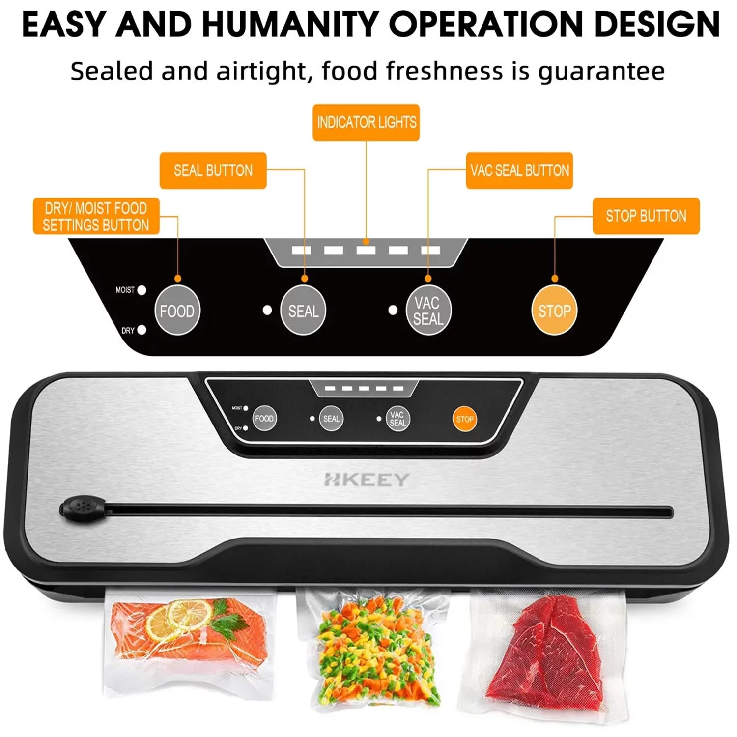 Food Vacuum Sealer Machine with 2 Rolls Food Vacuum Sealer Bags  .Food Storage Saver Dry & Moist Food Modes, Led Indicator Lights, Easy to Clean, Compact Design