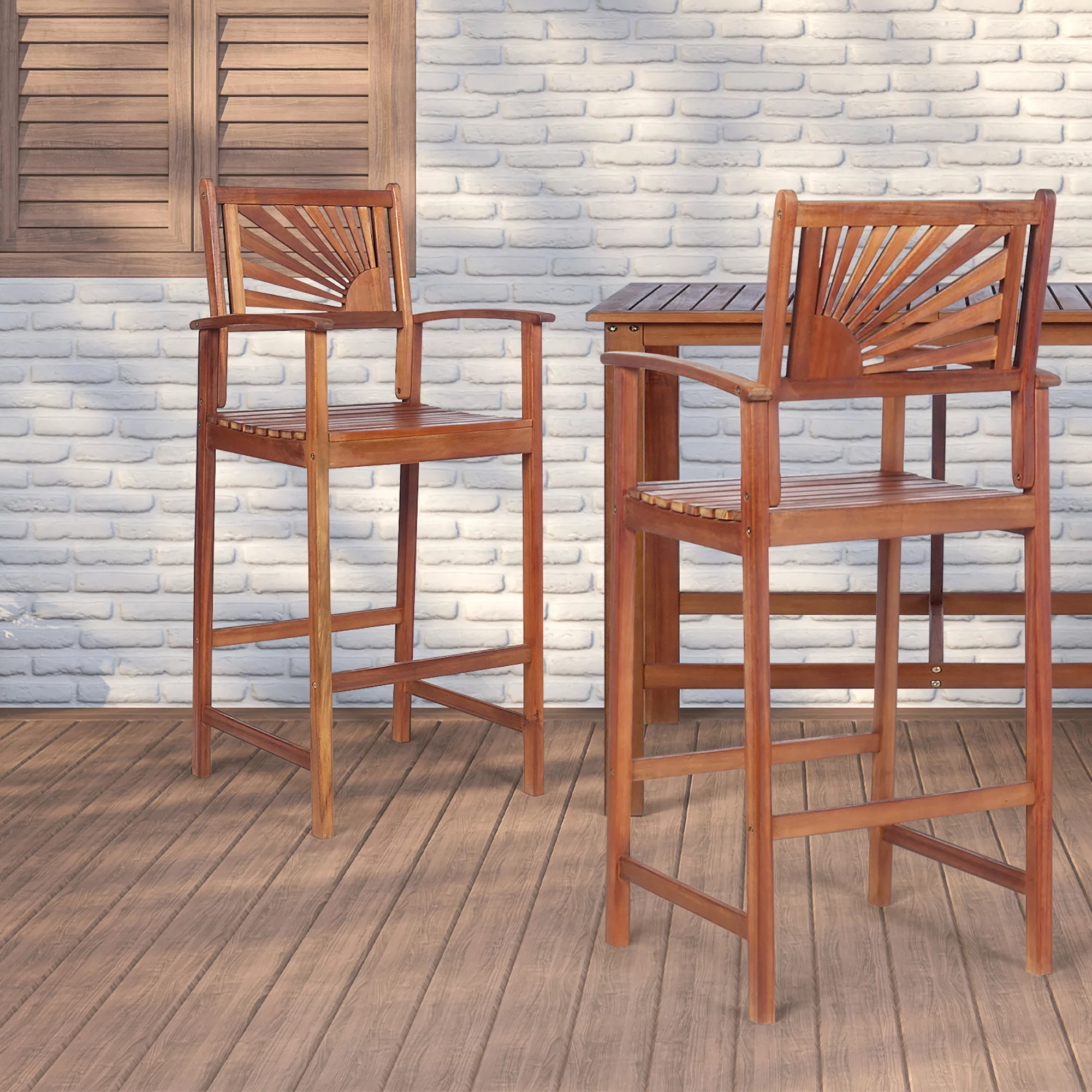 Costway Set of 2 Bar Stools 29inch Acacia Wood Pub Chairs Outdoor w/ Armrests