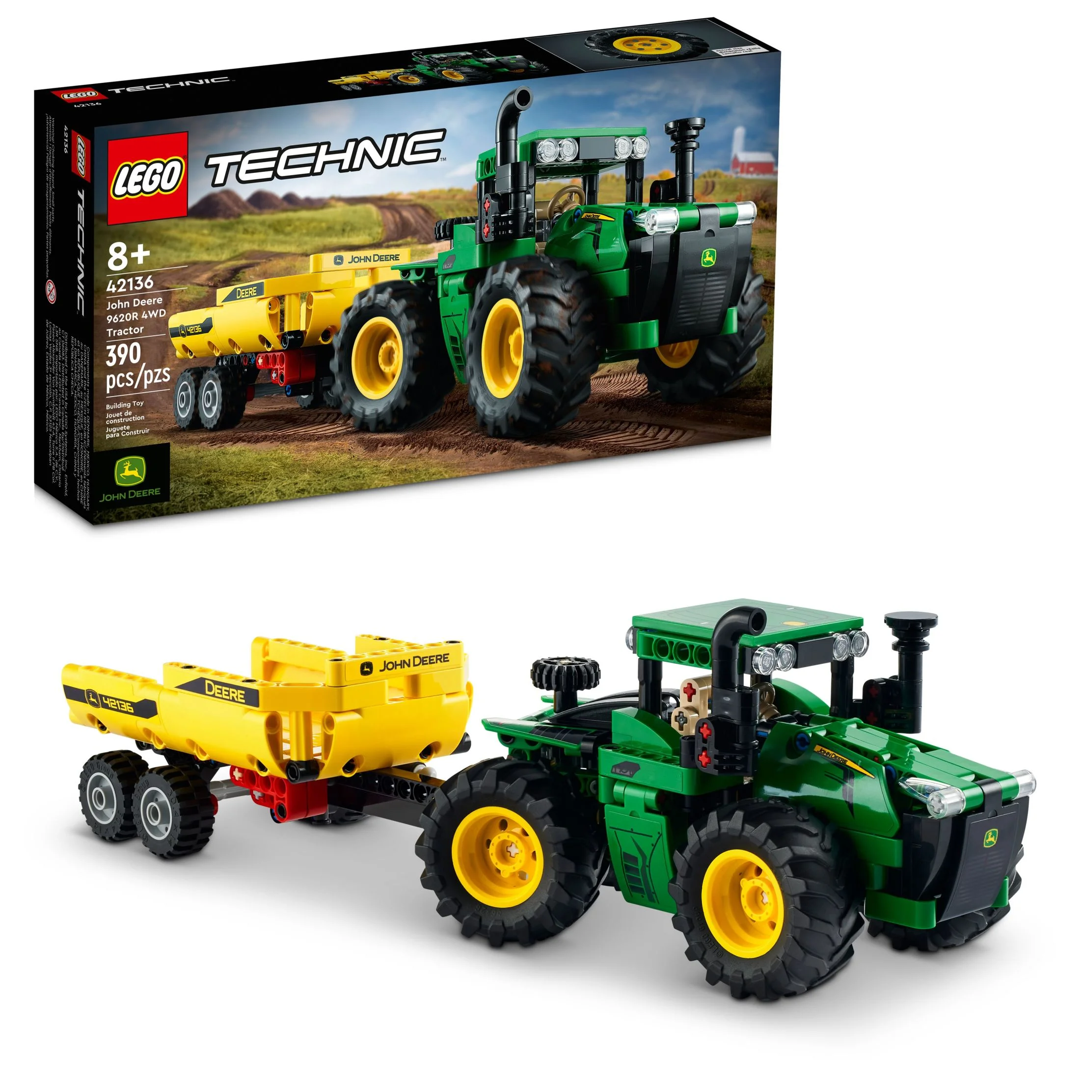 LEGO Technic John Deere 9620R 4WD Tractor Toy 42136 Building Toy – Collectible Model with Trailer, Featuring Realistic Details, Construction Farm Toy for Kids Ages 8+